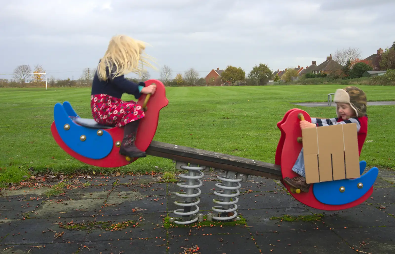 Milly and Fred on the spring seesaw, from More Building and Palgrave Playground, Suffolk - 24th November 2013