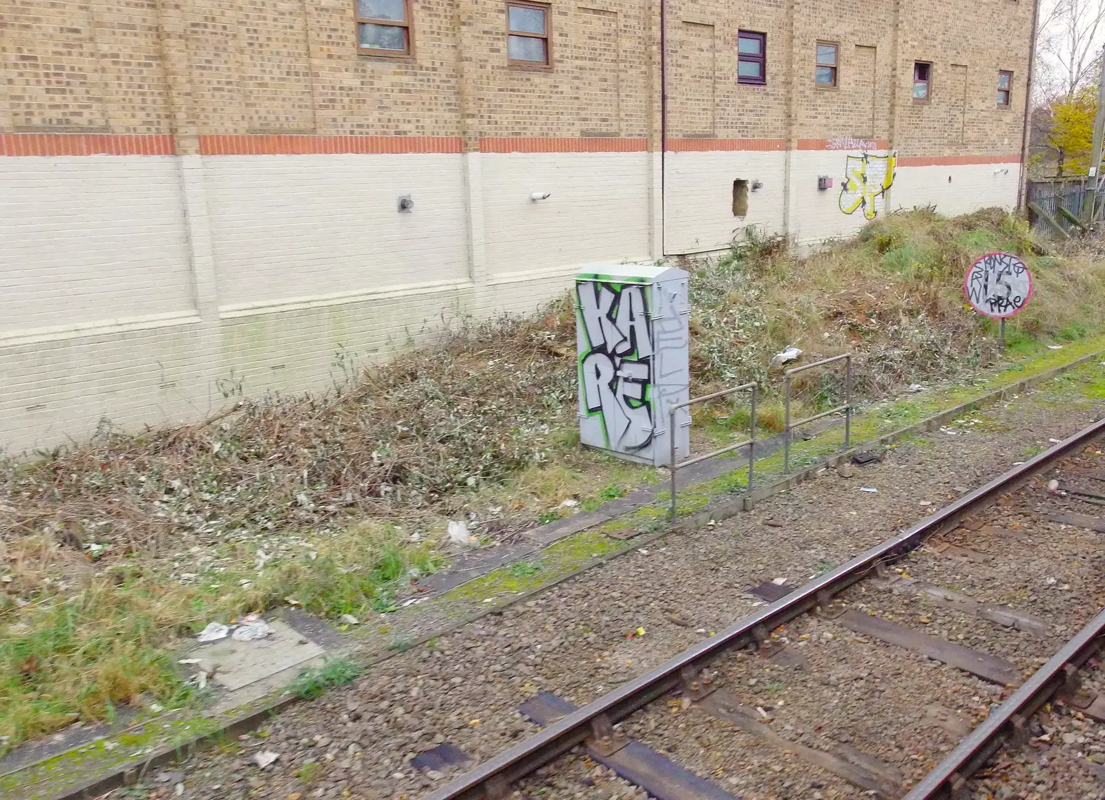 Tags on a trackside signal cabinet, from Lunch in the East End, Spitalfields and Brick Lane, London - 1st December 2013