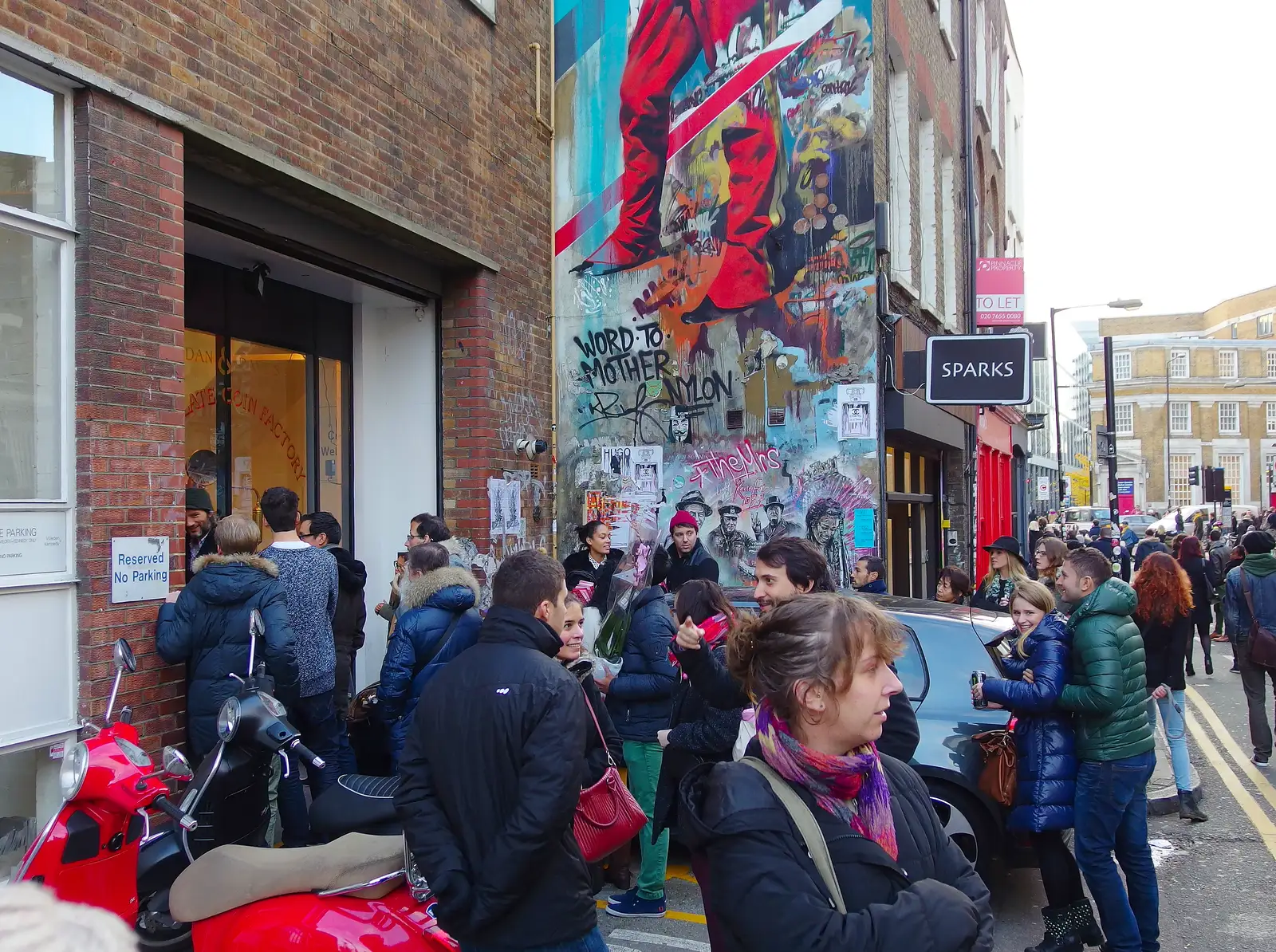 Milling throngs outside the chocolate factory, from Lunch in the East End, Spitalfields and Brick Lane, London - 1st December 2013