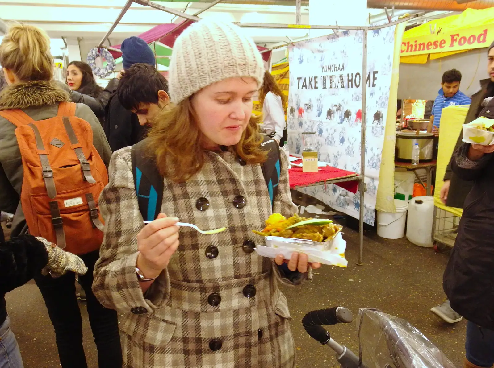 Isobel eats some street food, from Lunch in the East End, Spitalfields and Brick Lane, London - 1st December 2013