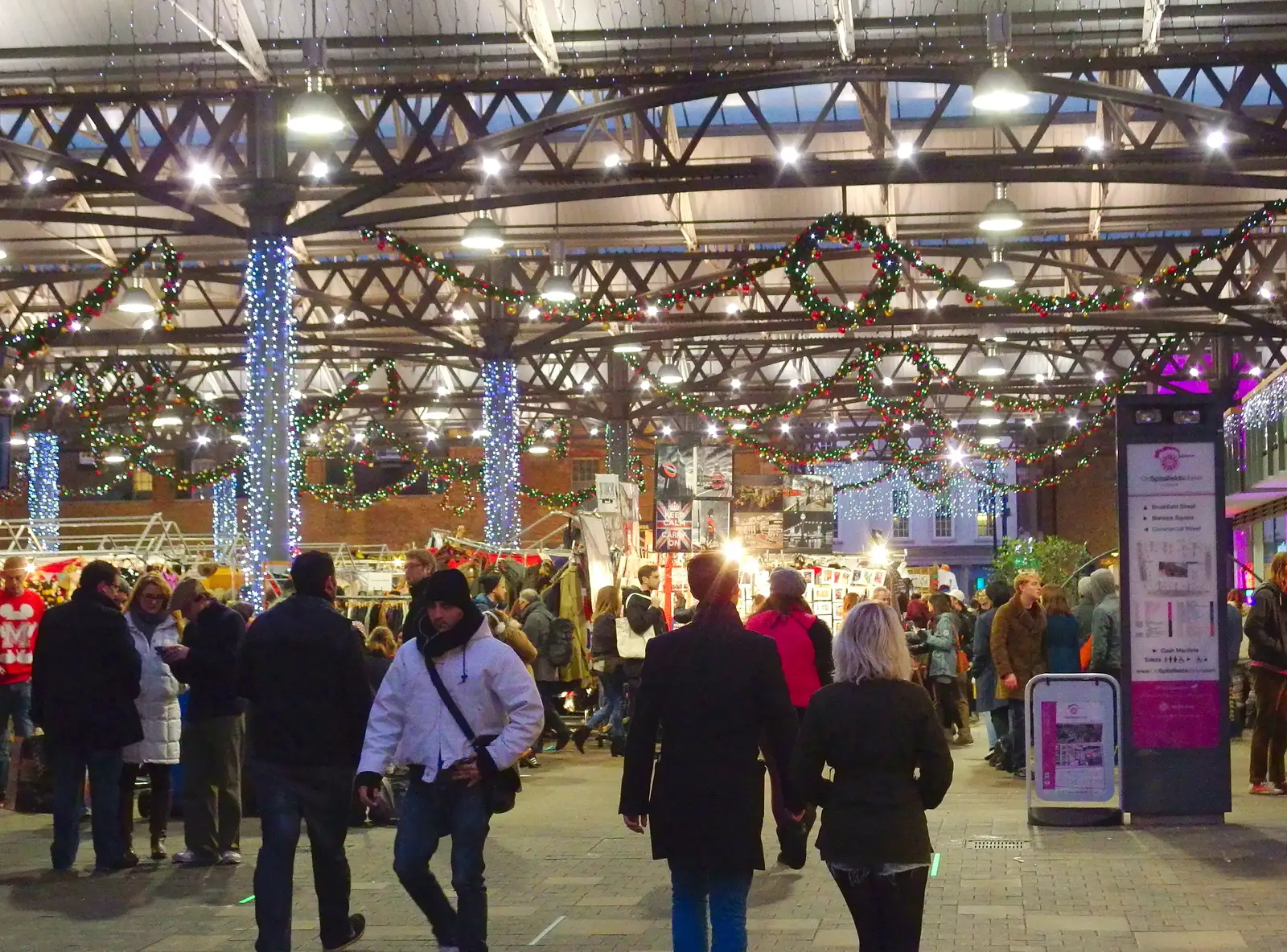 Spitalfields Market has Christmas decorations up, from Lunch in the East End, Spitalfields and Brick Lane, London - 1st December 2013