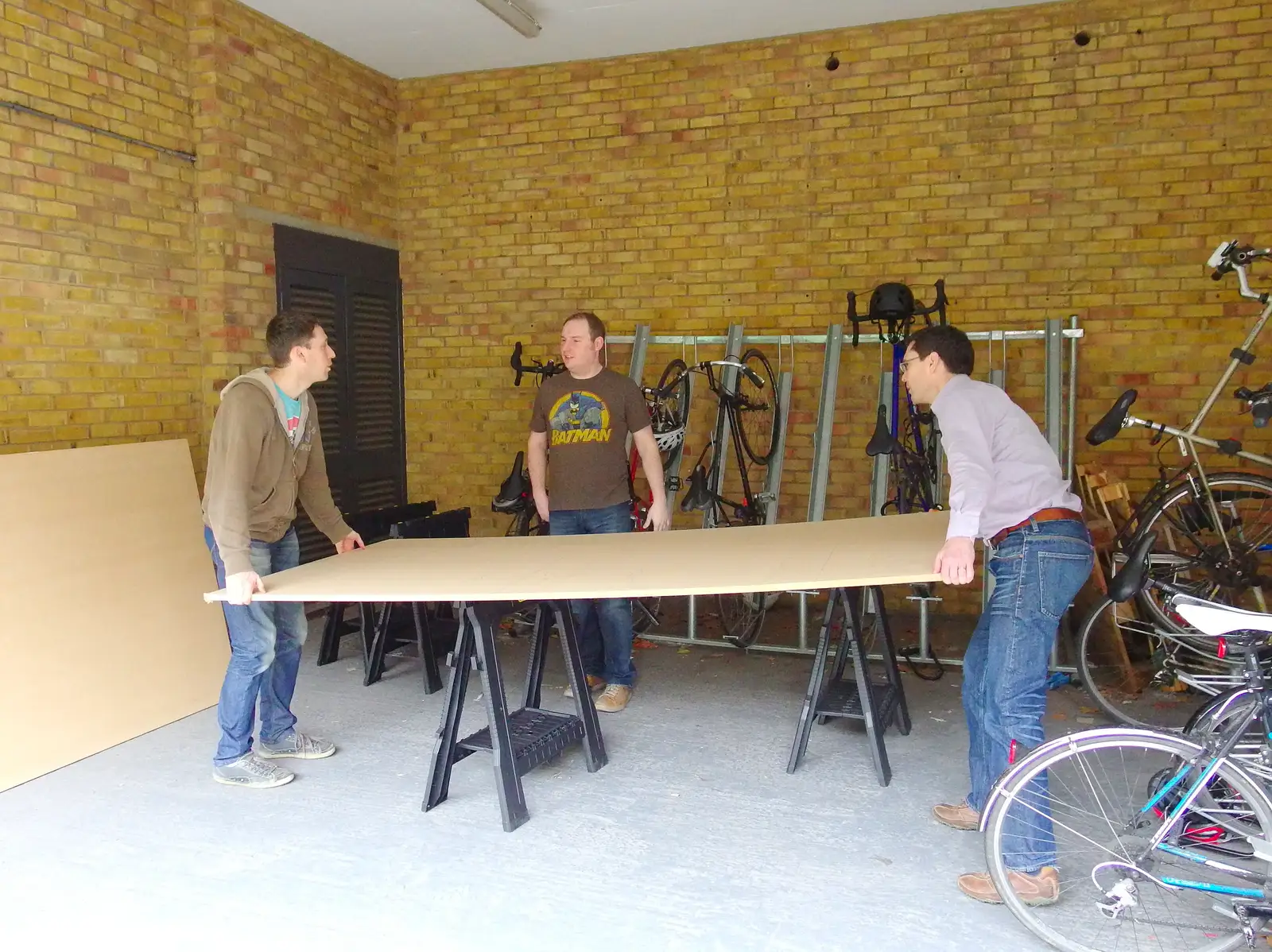 MDF is laid out for cutting in the bike shed, from SwiftKey's Arcade Cabinet, and the Streets of Southwark, London - 5th December 2013