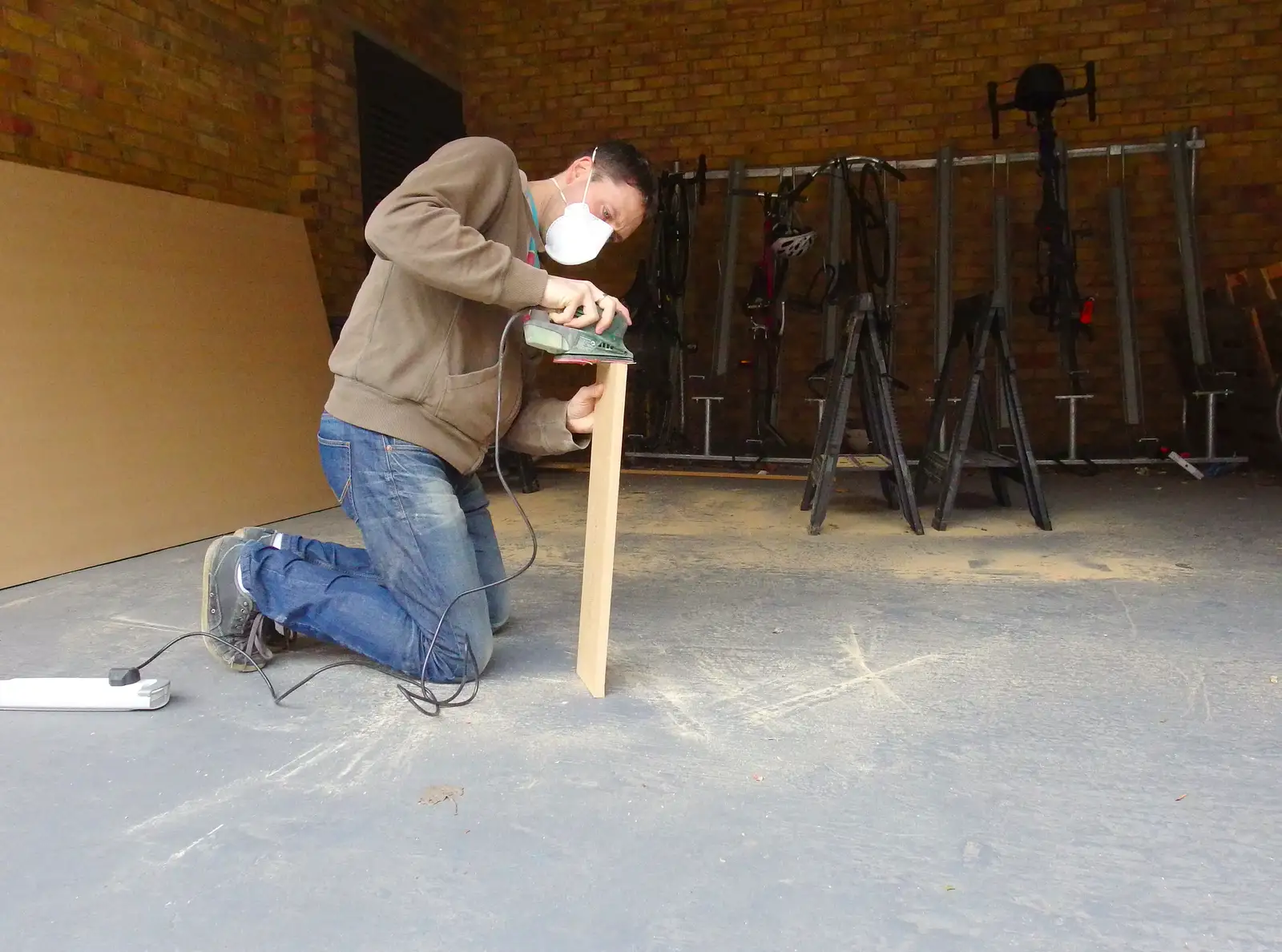 Emlyn does some sanding, from SwiftKey's Arcade Cabinet, and the Streets of Southwark, London - 5th December 2013