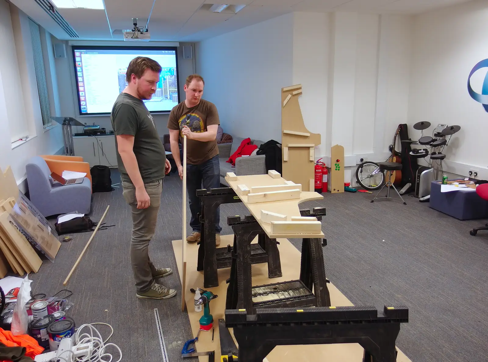 Coffey and Jaley start to assemble the cabinet, from SwiftKey's Arcade Cabinet, and the Streets of Southwark, London - 5th December 2013