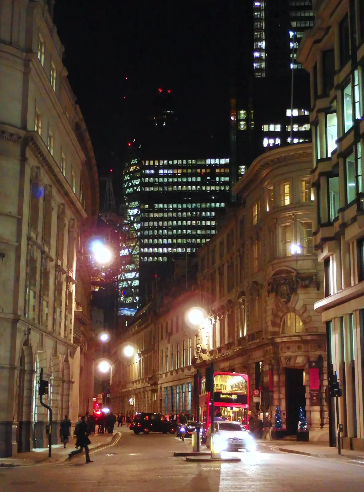 Looking up Threadneedle Street towards the Gherkin, from SwiftKey's Arcade Cabinet, and the Streets of Southwark, London - 5th December 2013