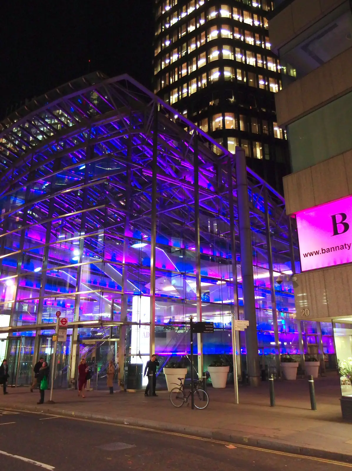 The purple bottom of Tower 42, from SwiftKey's Arcade Cabinet, and the Streets of Southwark, London - 5th December 2013