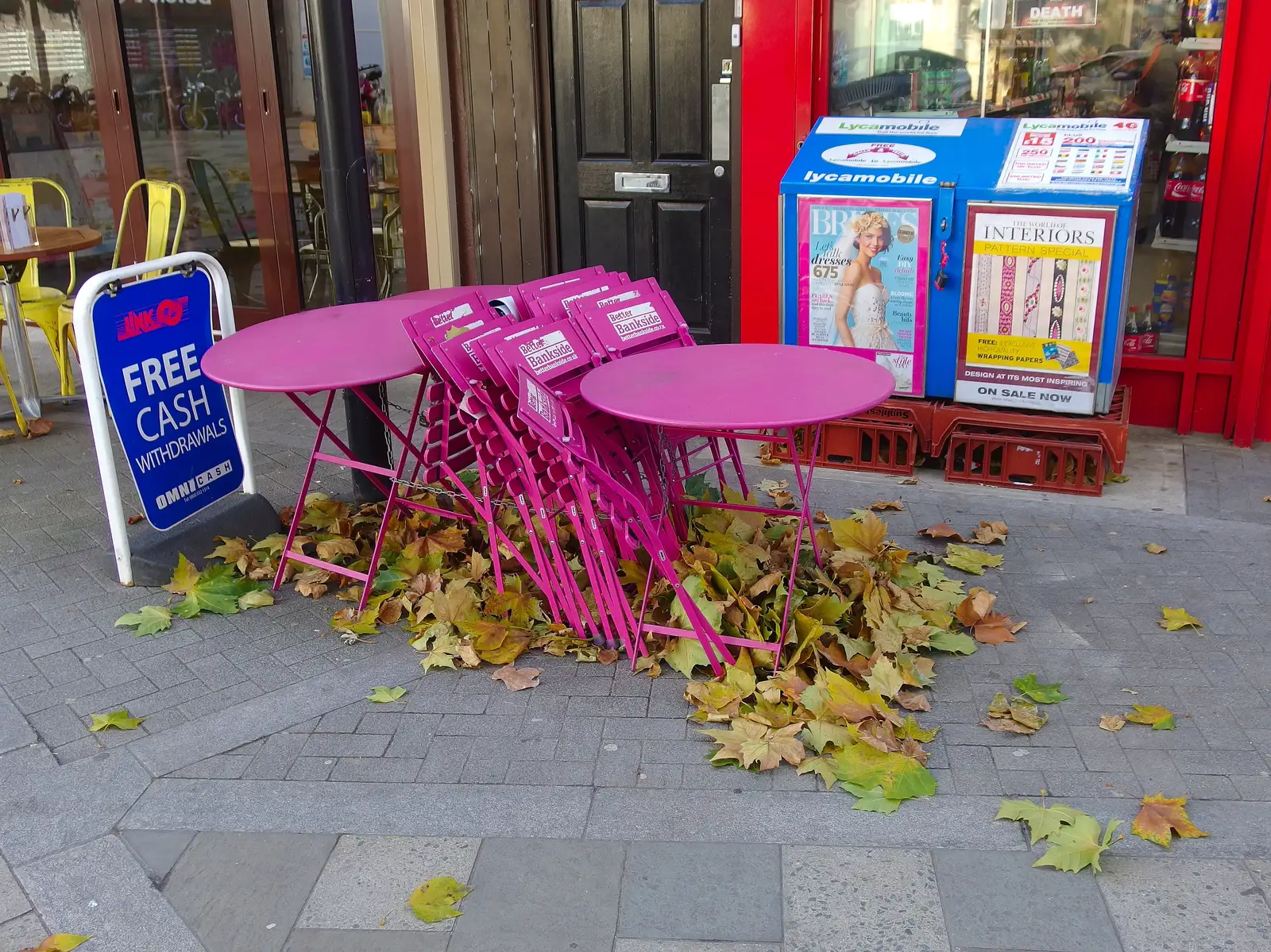 A pile of leaves around pink café furniture, from SwiftKey's Arcade Cabinet, and the Streets of Southwark, London - 5th December 2013