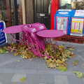 A pile of leaves around pink café furniture, SwiftKey's Arcade Cabinet, and the Streets of Southwark, London - 5th December 2013
