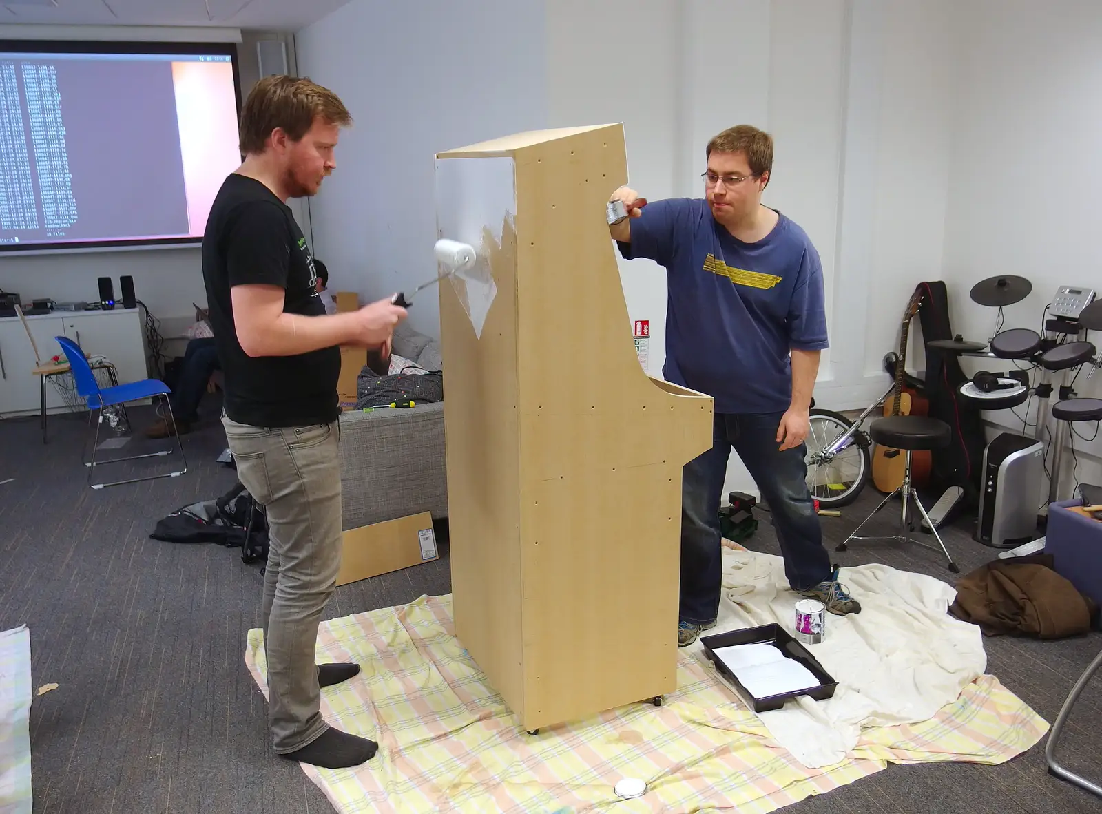 Coffey and Craig start priming the cabinet, from SwiftKey's Arcade Cabinet, and the Streets of Southwark, London - 5th December 2013