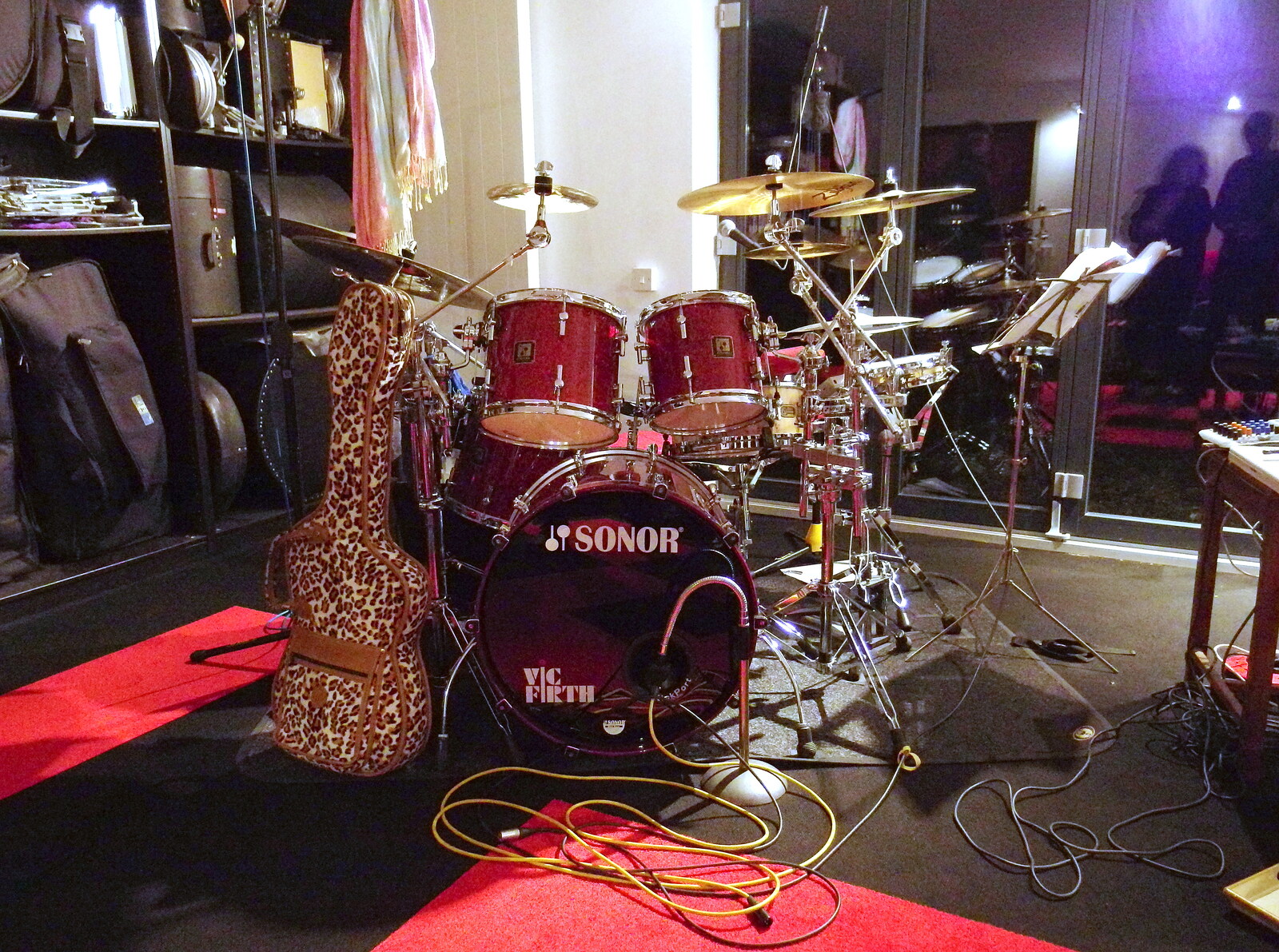 Henry's kit and Rob's leopard-skin guitar case from Saturday Café Life, Diss, Norfolk - 14th December 2013