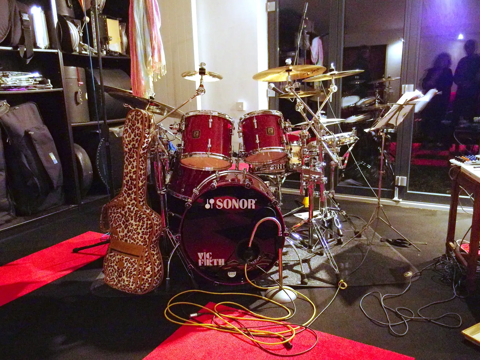 Henry's kit and Rob's leopard-skin guitar case, from Saturday Café Life, Diss, Norfolk - 14th December 2013