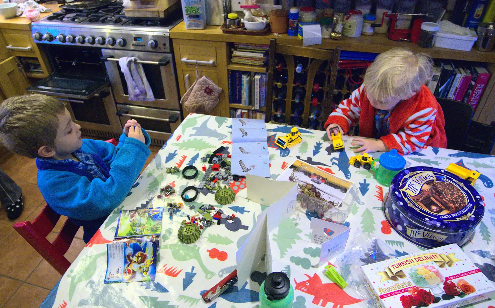 Fred and Harry with a load of new stuff, from Christmas Day and all that, Brome, Suffolk - 25th December 2013