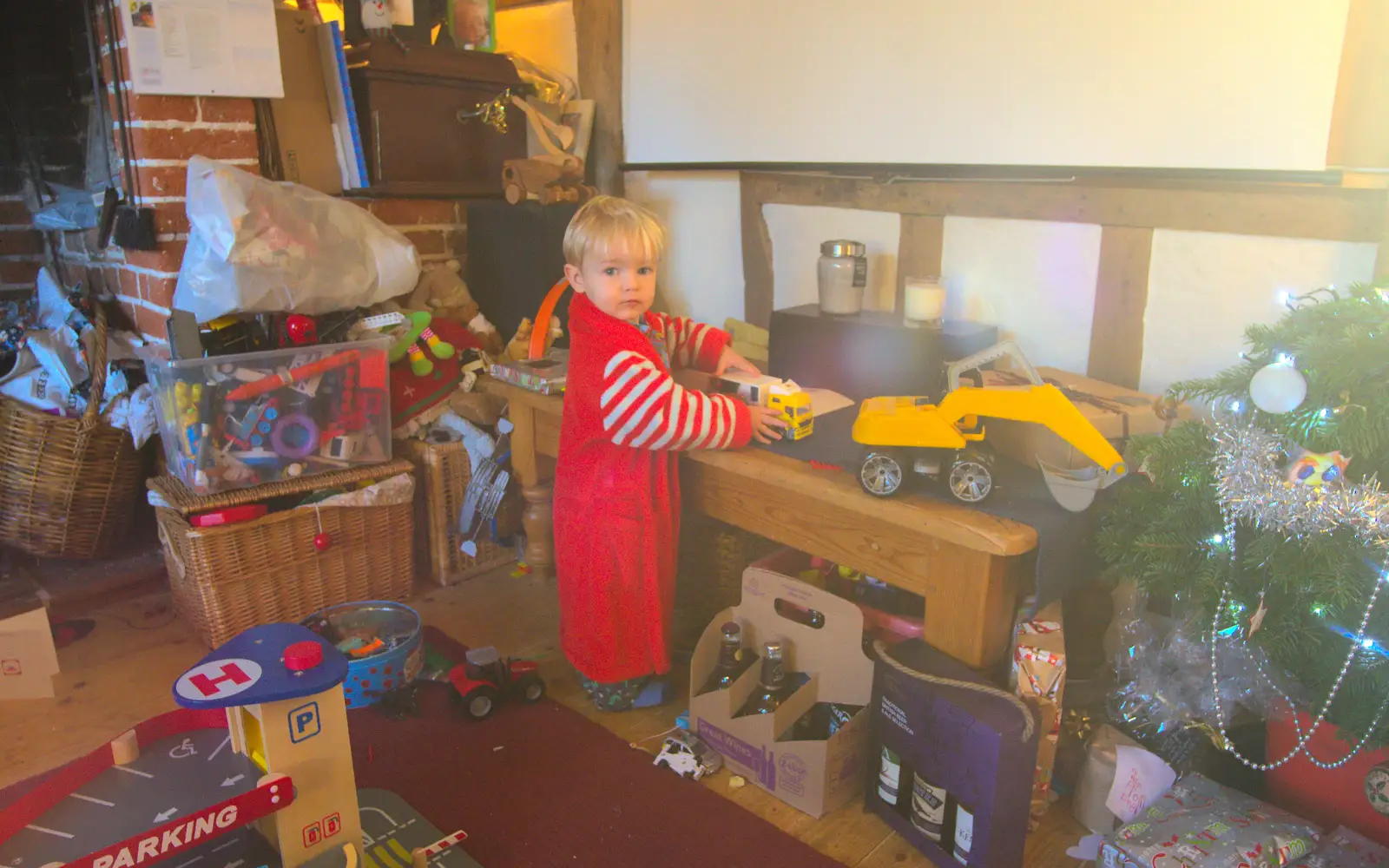 Harry and the Christmas tree, from Christmas Day and all that, Brome, Suffolk - 25th December 2013