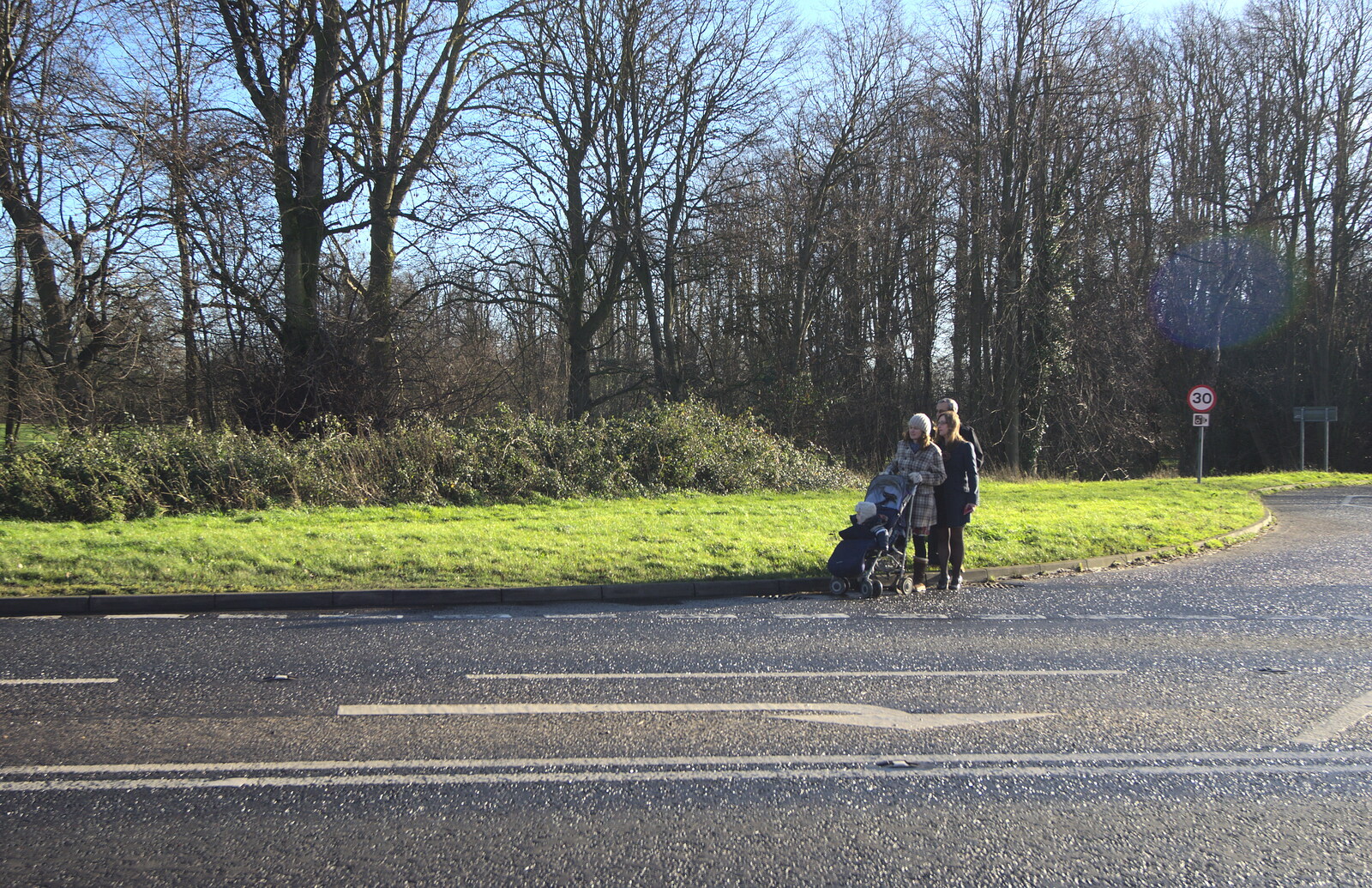Isobel,  Marc and Suey wait to cross the A140 from Christmas Day and all that, Brome, Suffolk - 25th December 2013