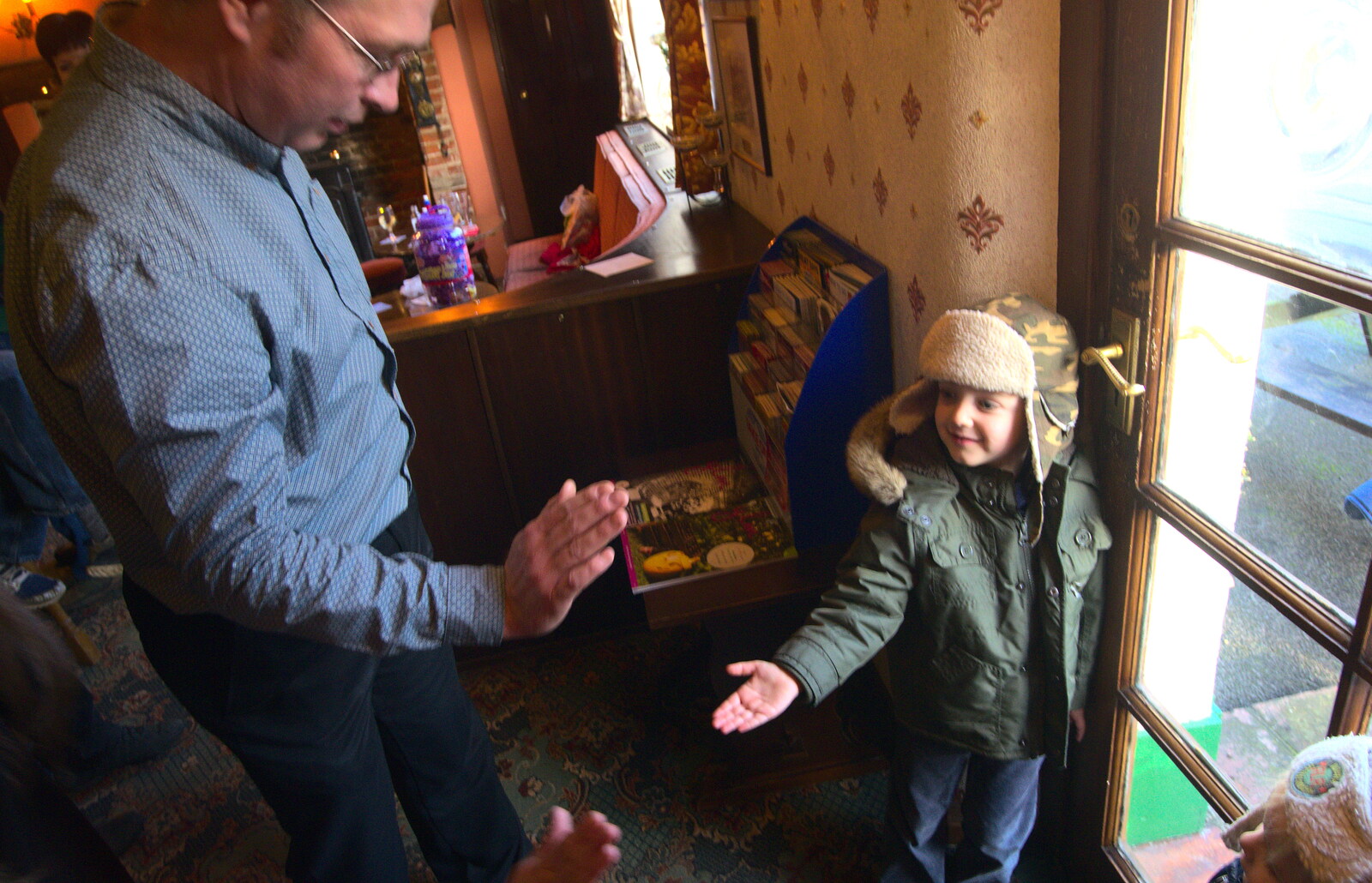 Fred gives Marc a high-five from Christmas Day and all that, Brome, Suffolk - 25th December 2013