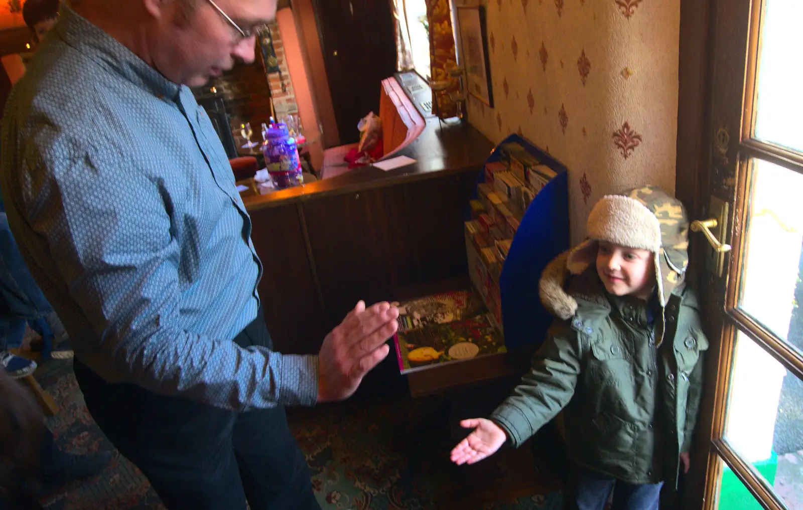 Fred gives Marc a high-five, from Christmas Day and all that, Brome, Suffolk - 25th December 2013