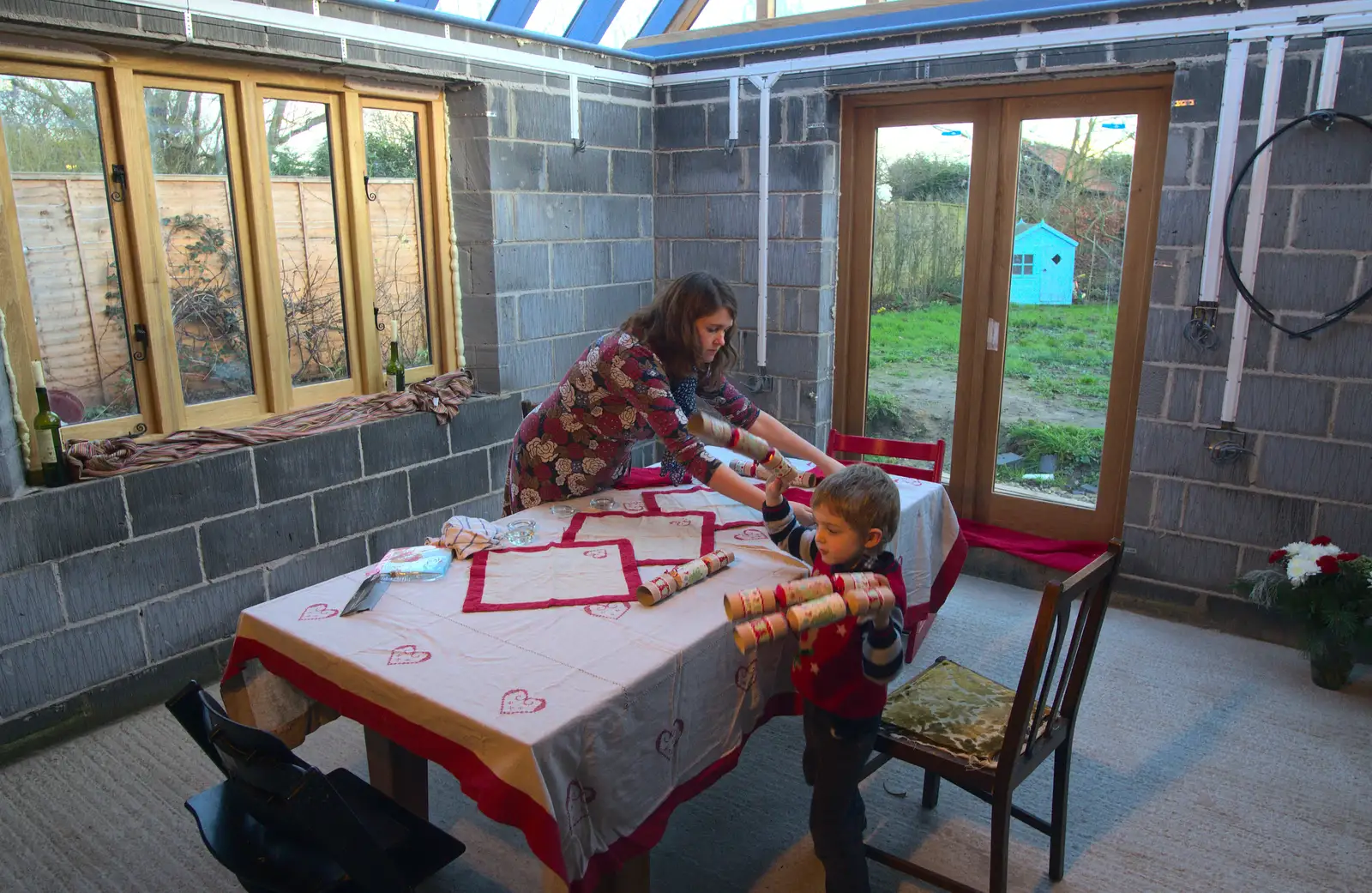 Fred roams around with crackers, from Christmas Day and all that, Brome, Suffolk - 25th December 2013