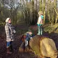 The boys on the carved lion log, A Boxing Day Walk, Thornham Estate, Suffolk - 26th December 2013