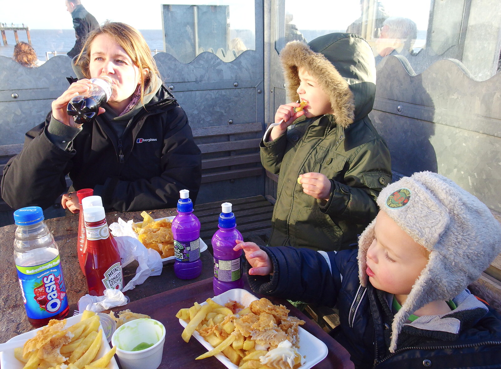 Eating Fish and Chips in the cold from Post-Christmas Southwold, Suffolk - 29th December 2013