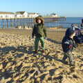 Fred and Harry roam around on the sand pile, Post-Christmas Southwold, Suffolk - 29th December 2013