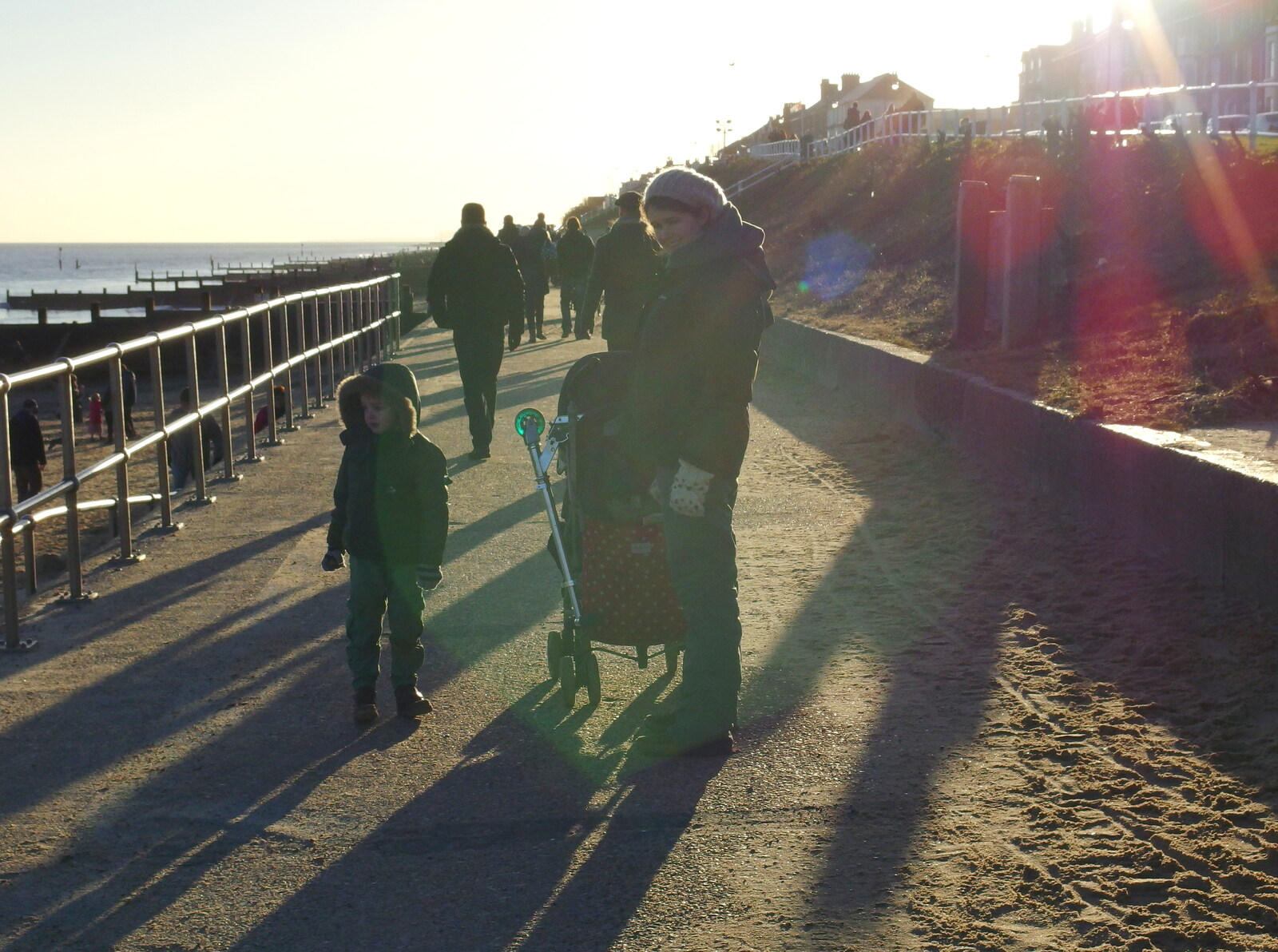 Fred, Harry and Isobel on the prom from Post-Christmas Southwold, Suffolk - 29th December 2013