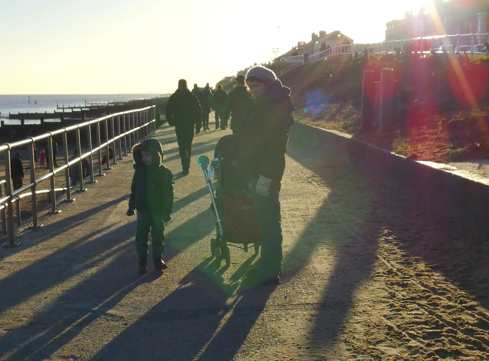 Fred, Harry and Isobel on the prom, from Post-Christmas Southwold, Suffolk - 29th December 2013