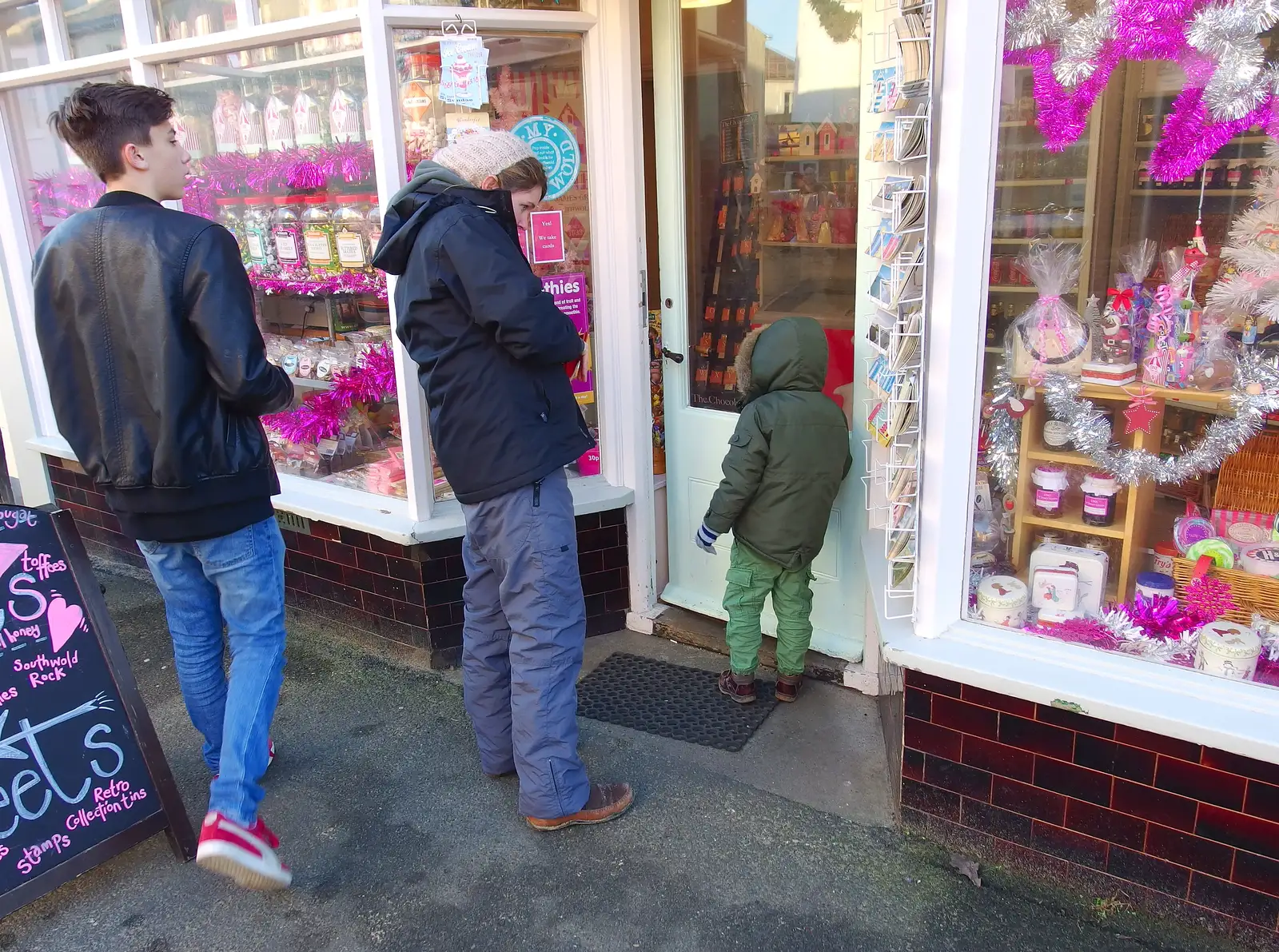 Fred piles in to a sweet shop, from Post-Christmas Southwold, Suffolk - 29th December 2013