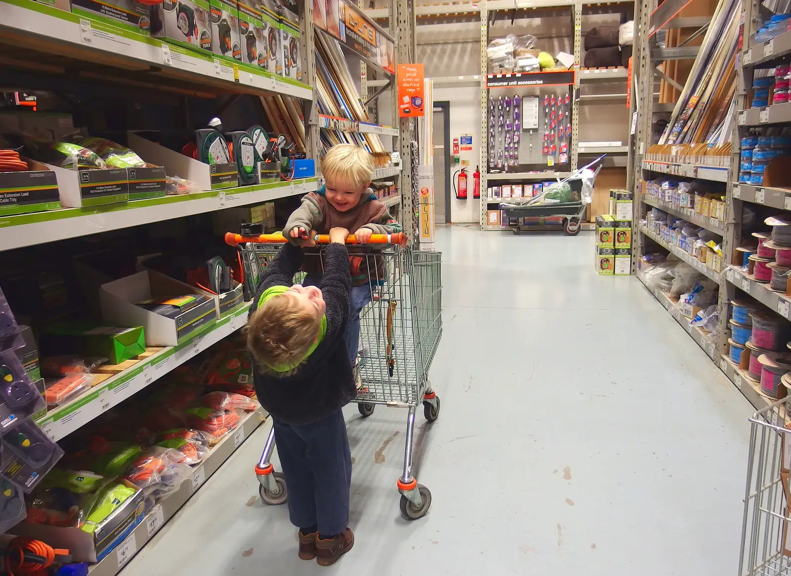 Fred and Harry mess around in B&Q, Ipswich, from The BBs Do New Year's Eve at the Barrel, Banham, Norfolk - 31st December 2013