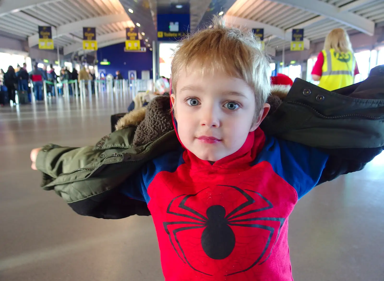 Fred in his Spiderman top at the departure gate, from A Trip to Monkstown Farm and Blackrock, County Dublin, Ireland - 2nd January 2014