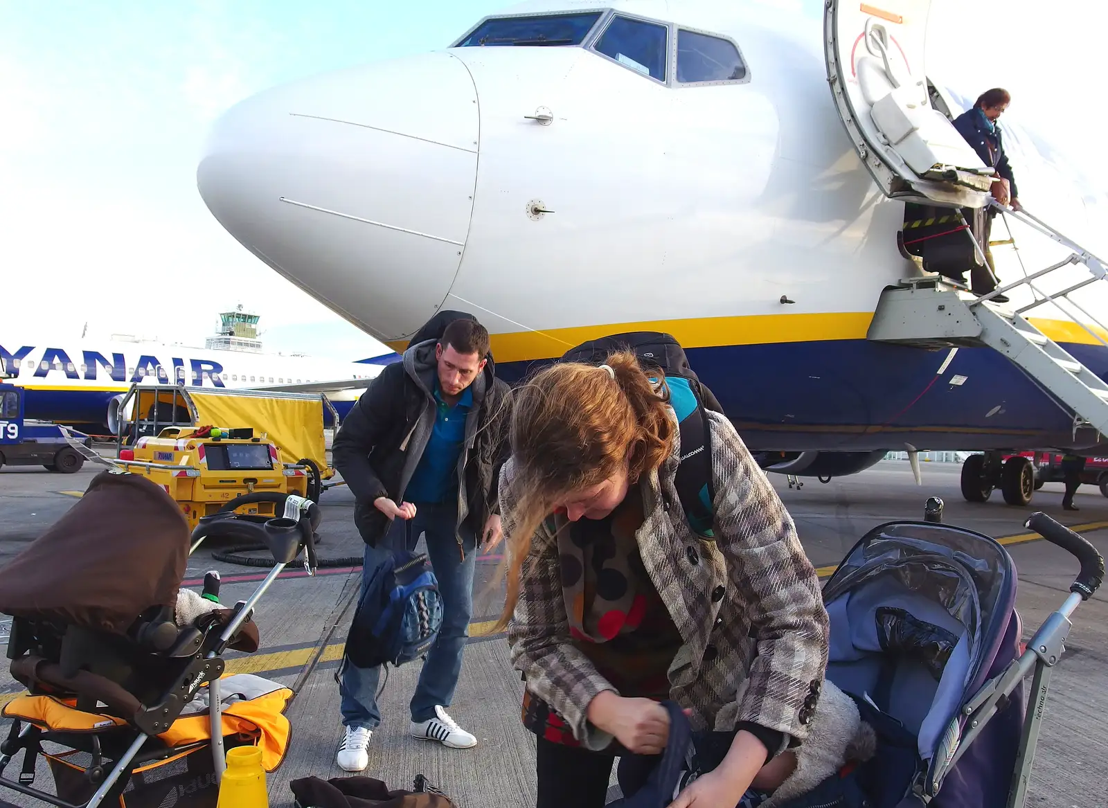 The hell that is buggy retrieval on the tarmac, from A Trip to Monkstown Farm and Blackrock, County Dublin, Ireland - 2nd January 2014