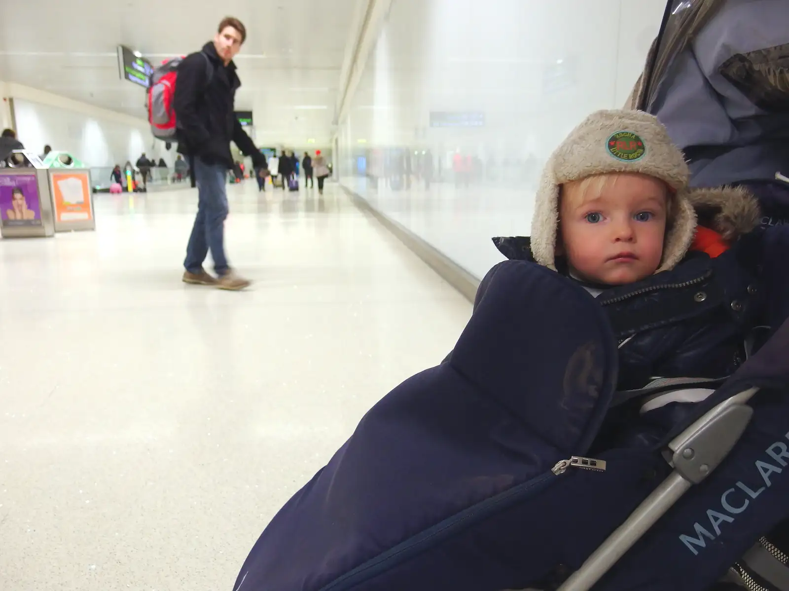 Harry waits in a corridor at Dublin Airport, from A Trip to Monkstown Farm and Blackrock, County Dublin, Ireland - 2nd January 2014