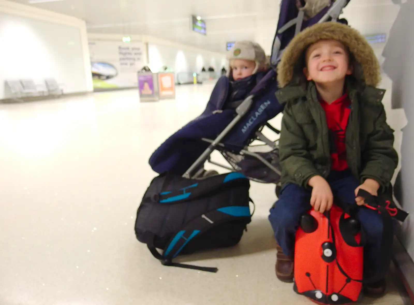 Fred sits on his Trunki, from A Trip to Monkstown Farm and Blackrock, County Dublin, Ireland - 2nd January 2014