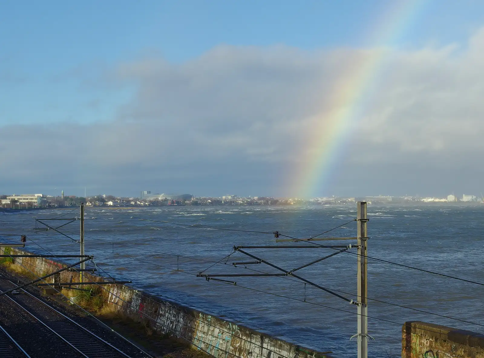 The rainbow seems to end on the DART pylon, from Dun Laoghaire and an Electrical Disaster, Monkstown, County Dublin, Ireland - 4th January 2014