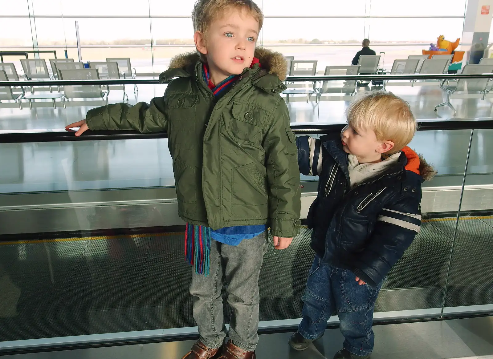 Fred and Harry on the travelator, from Dun Laoghaire and an Electrical Disaster, Monkstown, County Dublin, Ireland - 4th January 2014