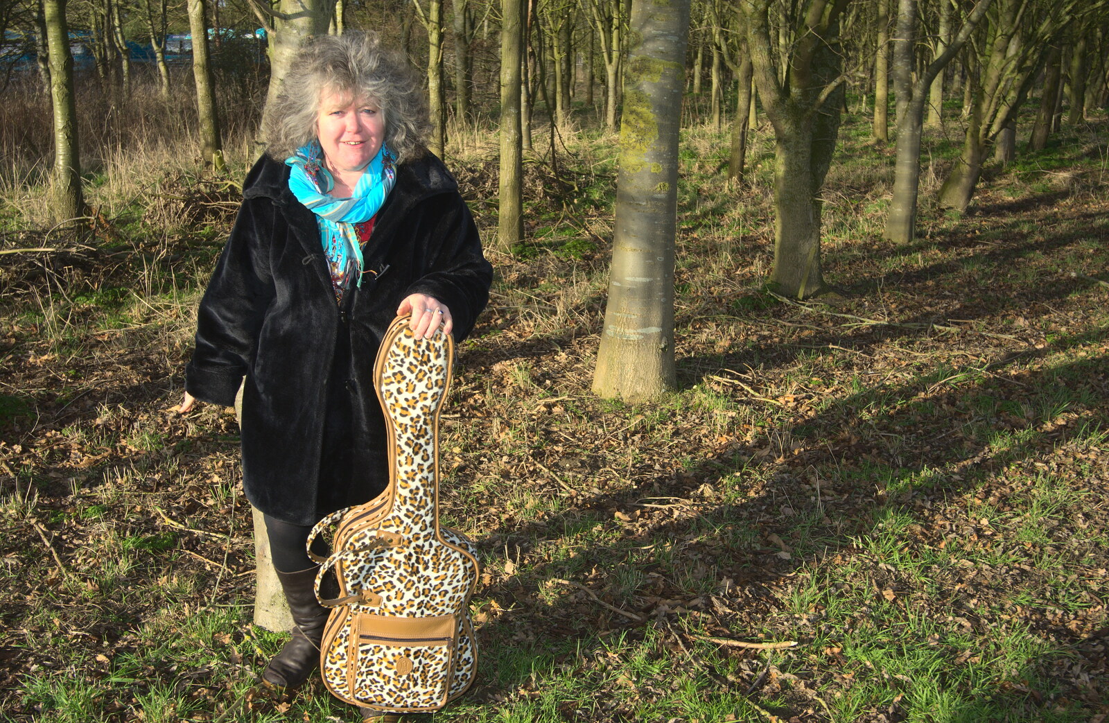 Jo with Rob's legendary leopard-skin guitar case from The BBs Photo Shoot, BOCM Pauls Pavilion, Burston, Norfolk - 12th January 2014