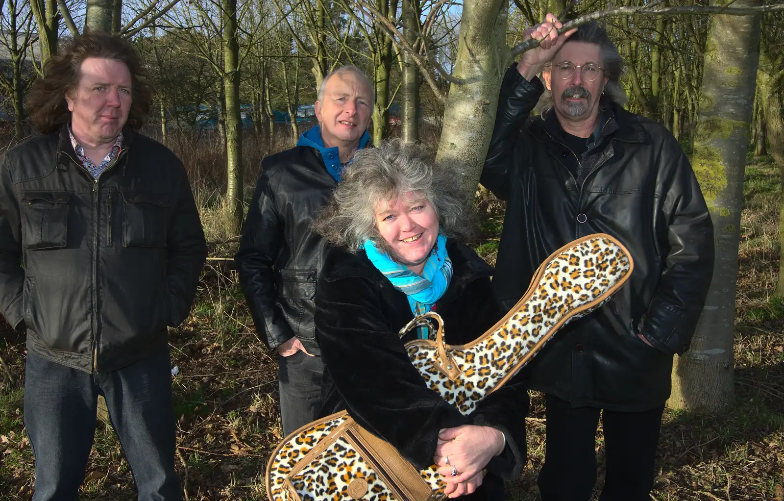 Jo hugs Rob's guitar, from The BBs Photo Shoot, BOCM Pauls Pavilion, Burston, Norfolk - 12th January 2014