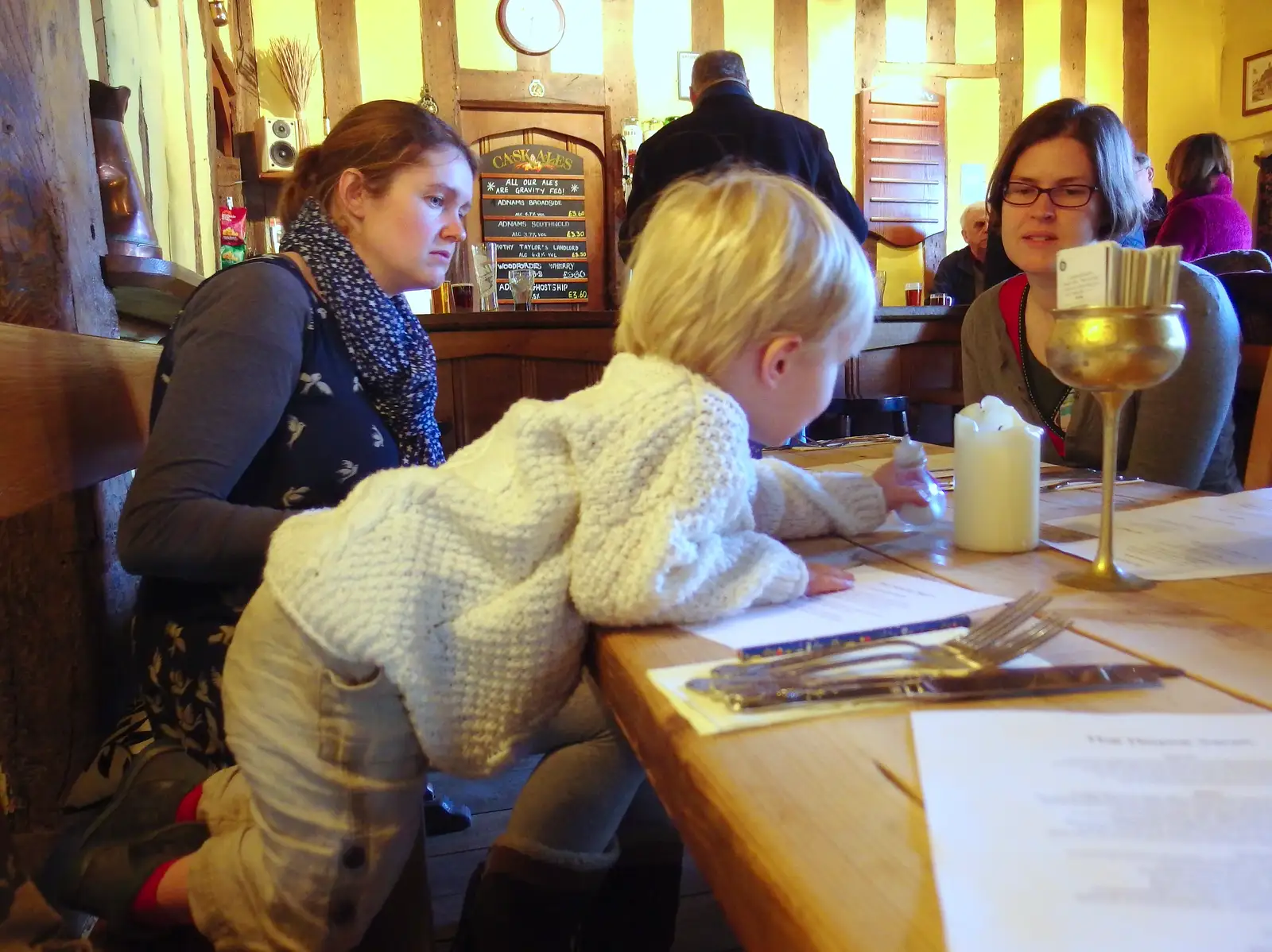 In the Hoxne Swan, Gabes reaches over for the salt, from A Ross Street Reunion, Hoxne, Suffolk - 25th January 2014