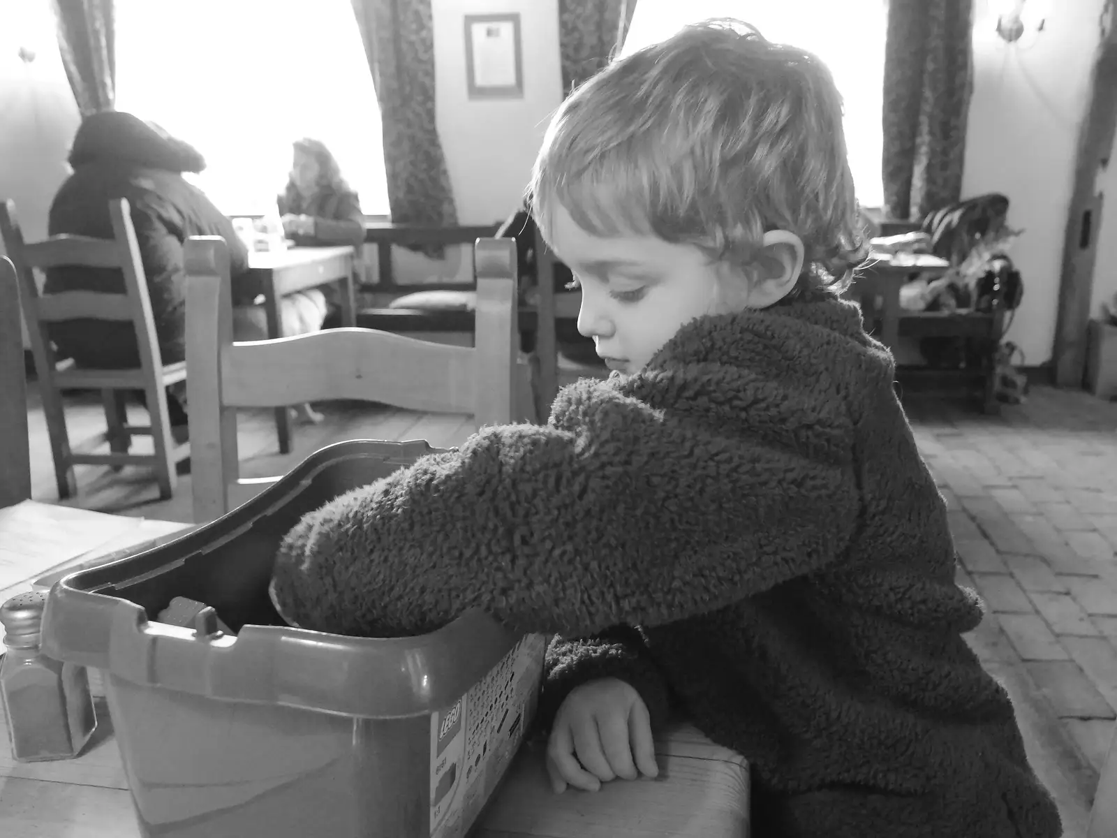 Fred digs something out of his Lego box, from A Ross Street Reunion, Hoxne, Suffolk - 25th January 2014