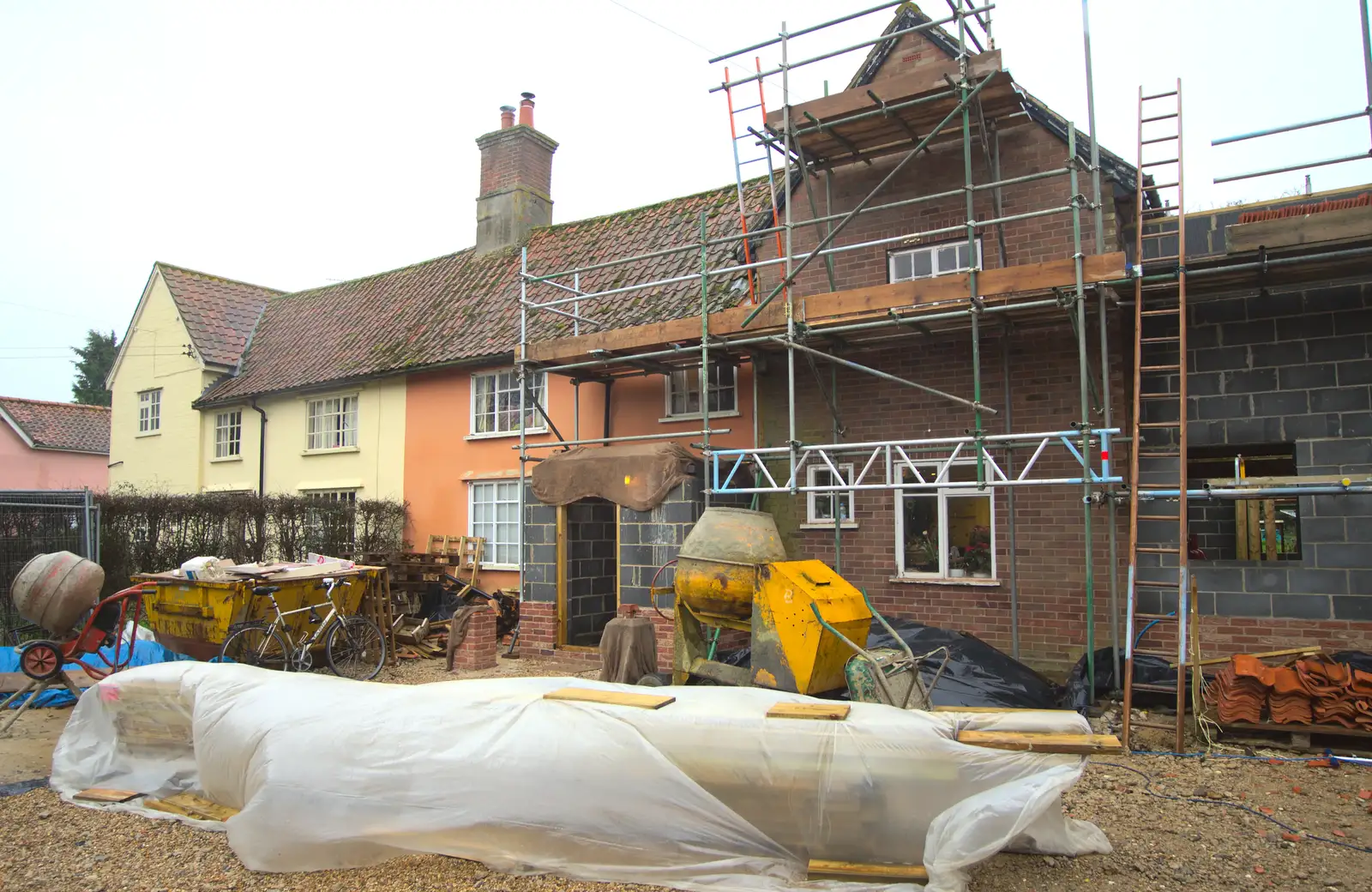 There's scaffolding all over the house, from A Night at the Bank, and a Building Update, Brome and Eye, Suffolk - 7th February 2014