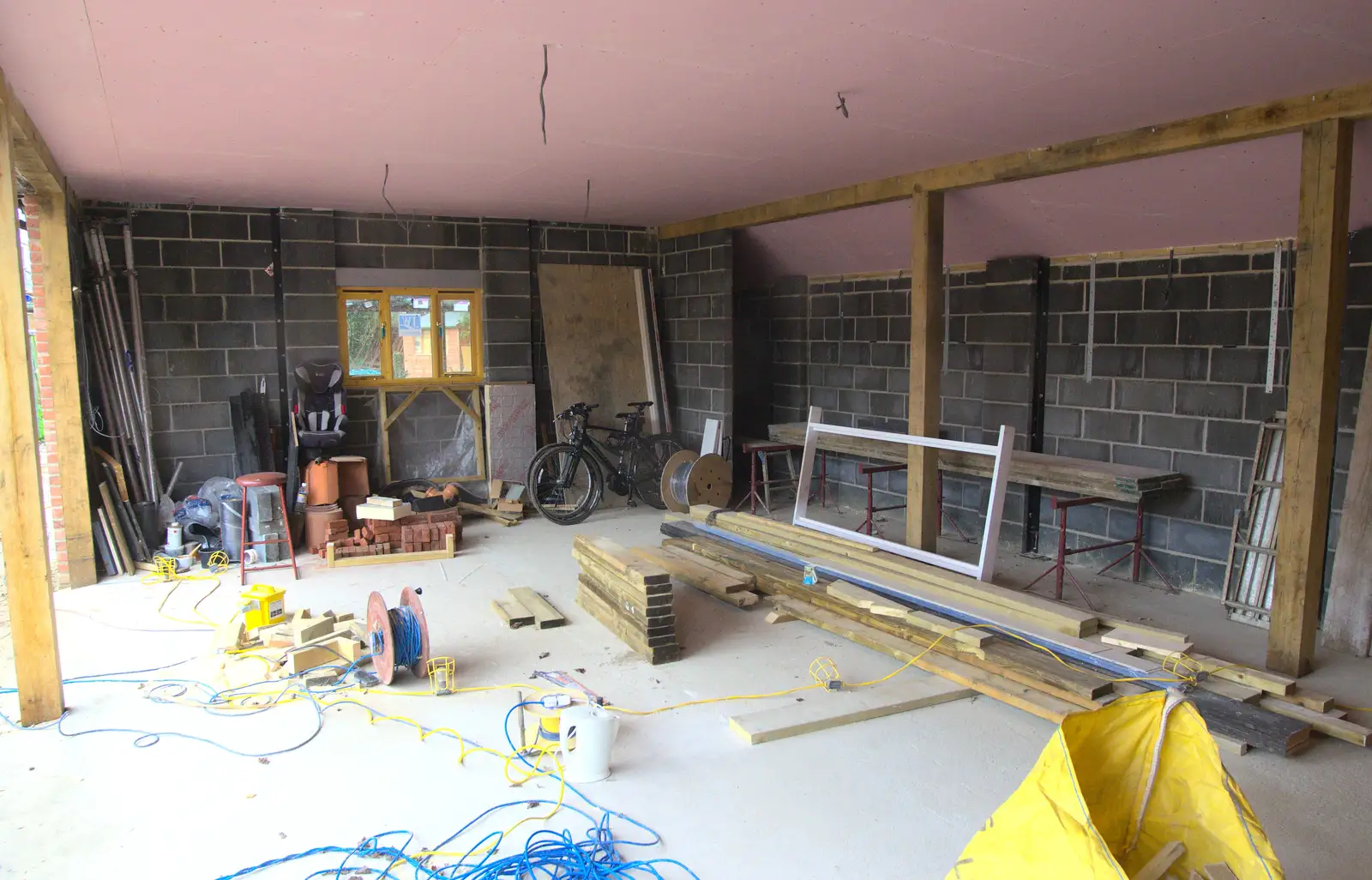 The garage ceiling is boarded out, from A Night at the Bank, and a Building Update, Brome and Eye, Suffolk - 7th February 2014