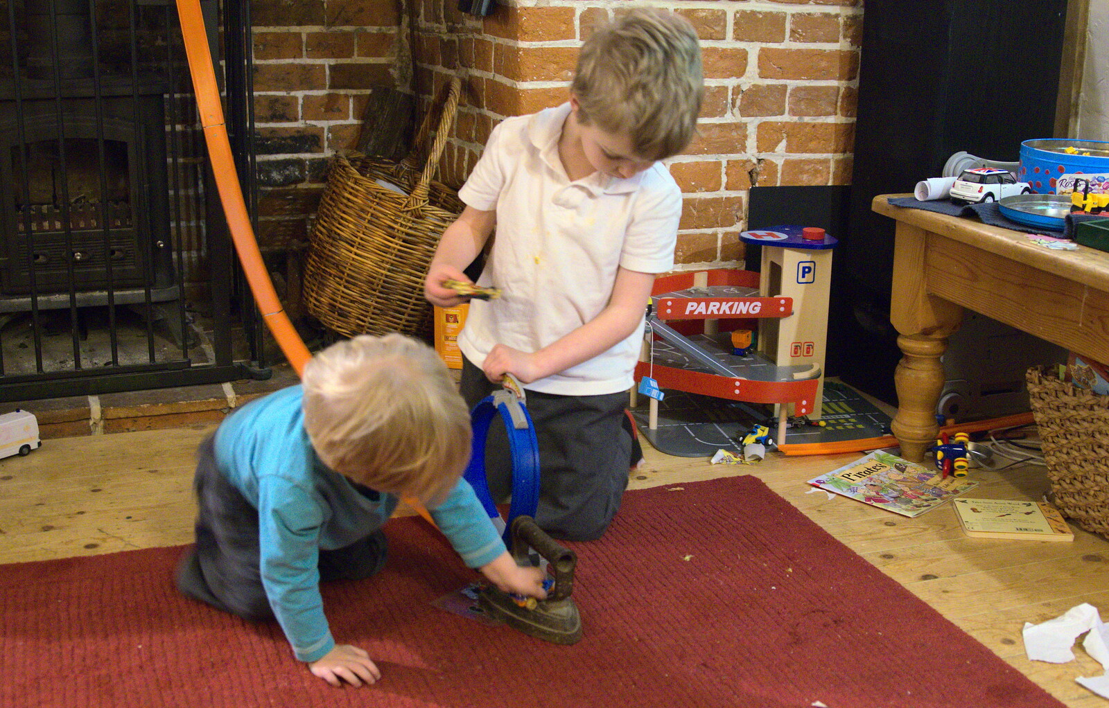 Inside, Fred and Harry play with Hotwheels from A Night at the Bank, and a Building Update, Brome and Eye, Suffolk - 7th February 2014
