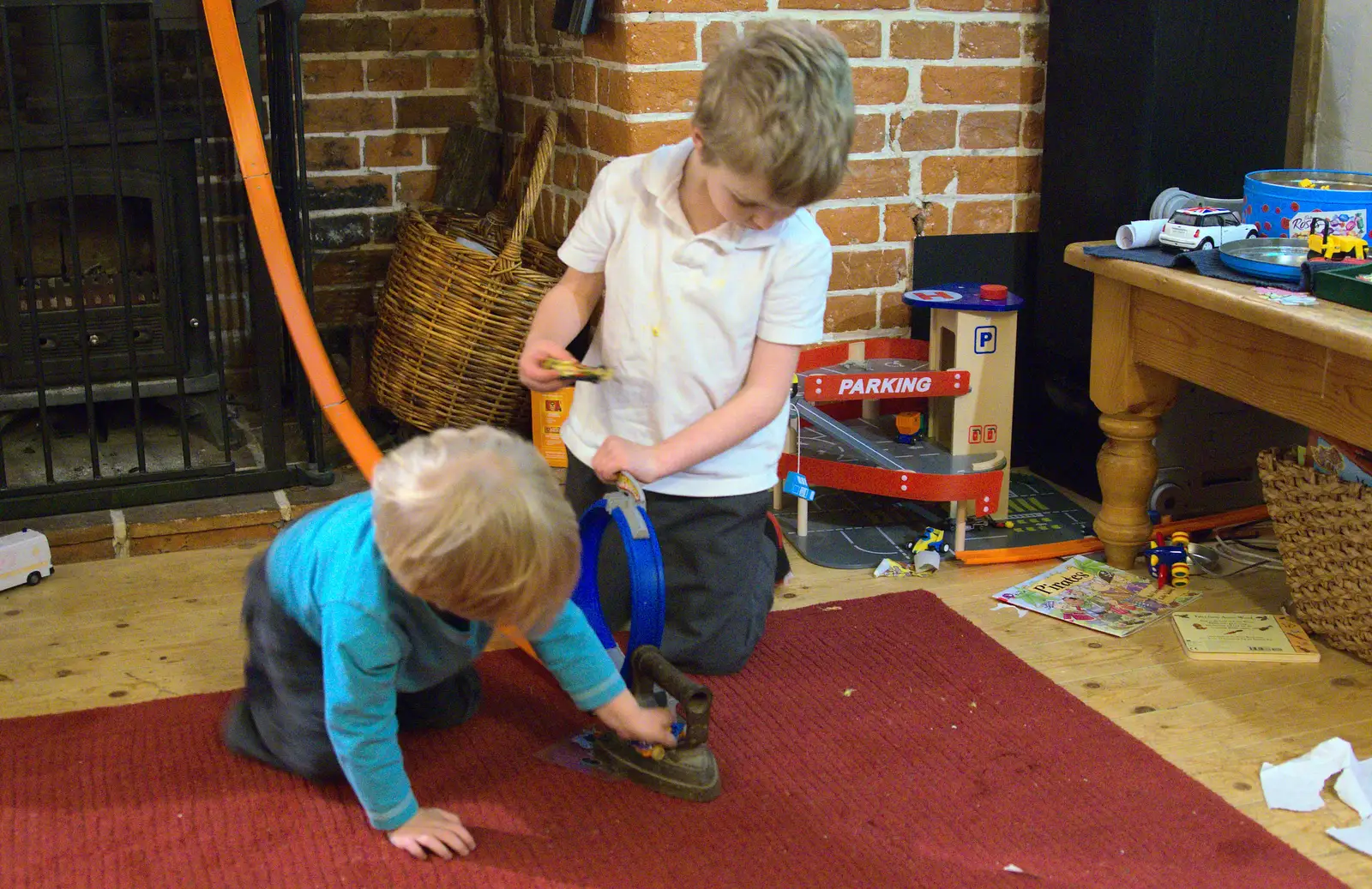 Inside, Fred and Harry play with Hotwheels, from A Night at the Bank, and a Building Update, Brome and Eye, Suffolk - 7th February 2014