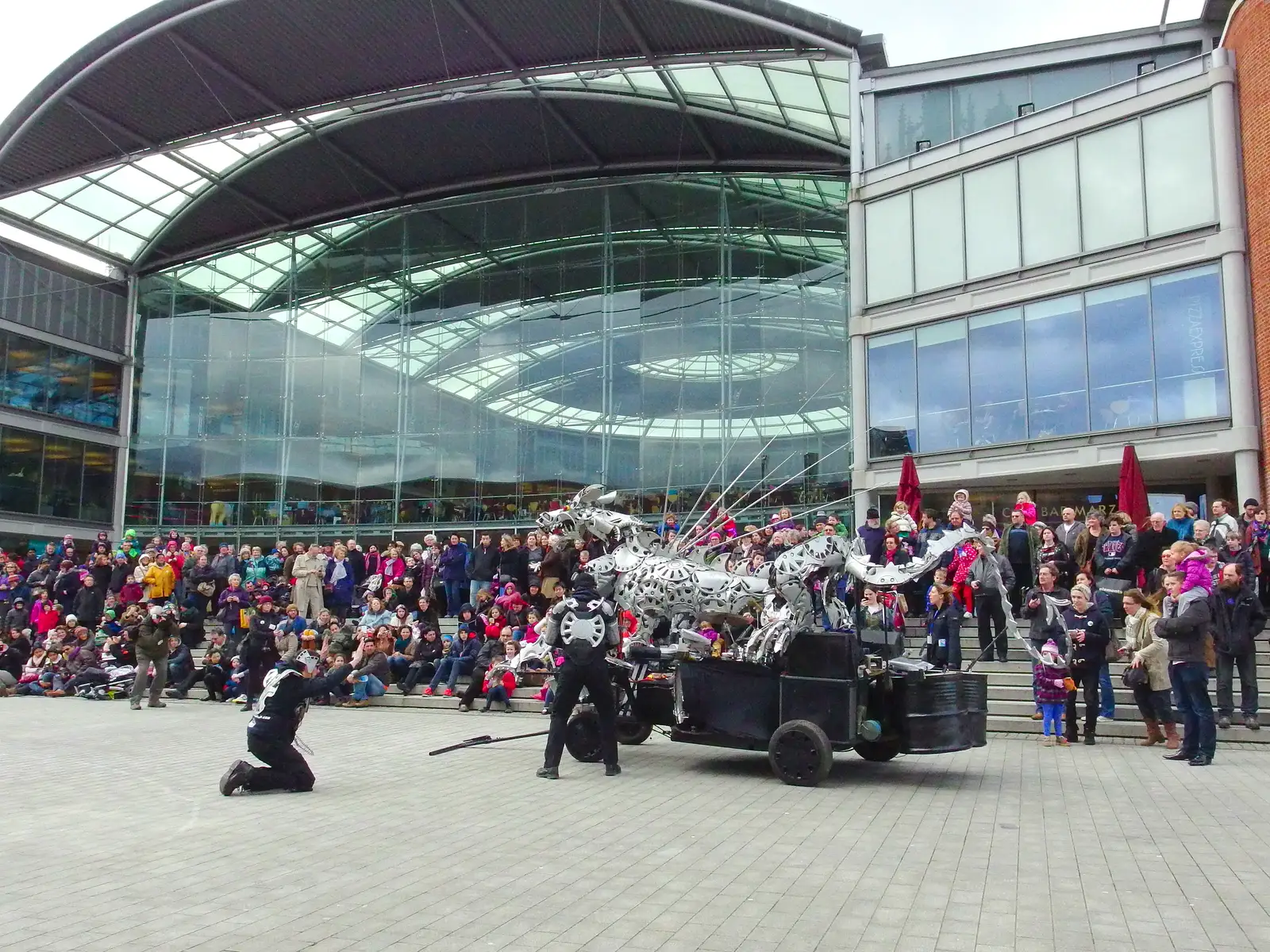 Some dragon worship occurs outside the Forum, from A Dragoney Sort of Day, Norwich, Norfolk - 15th February 2014