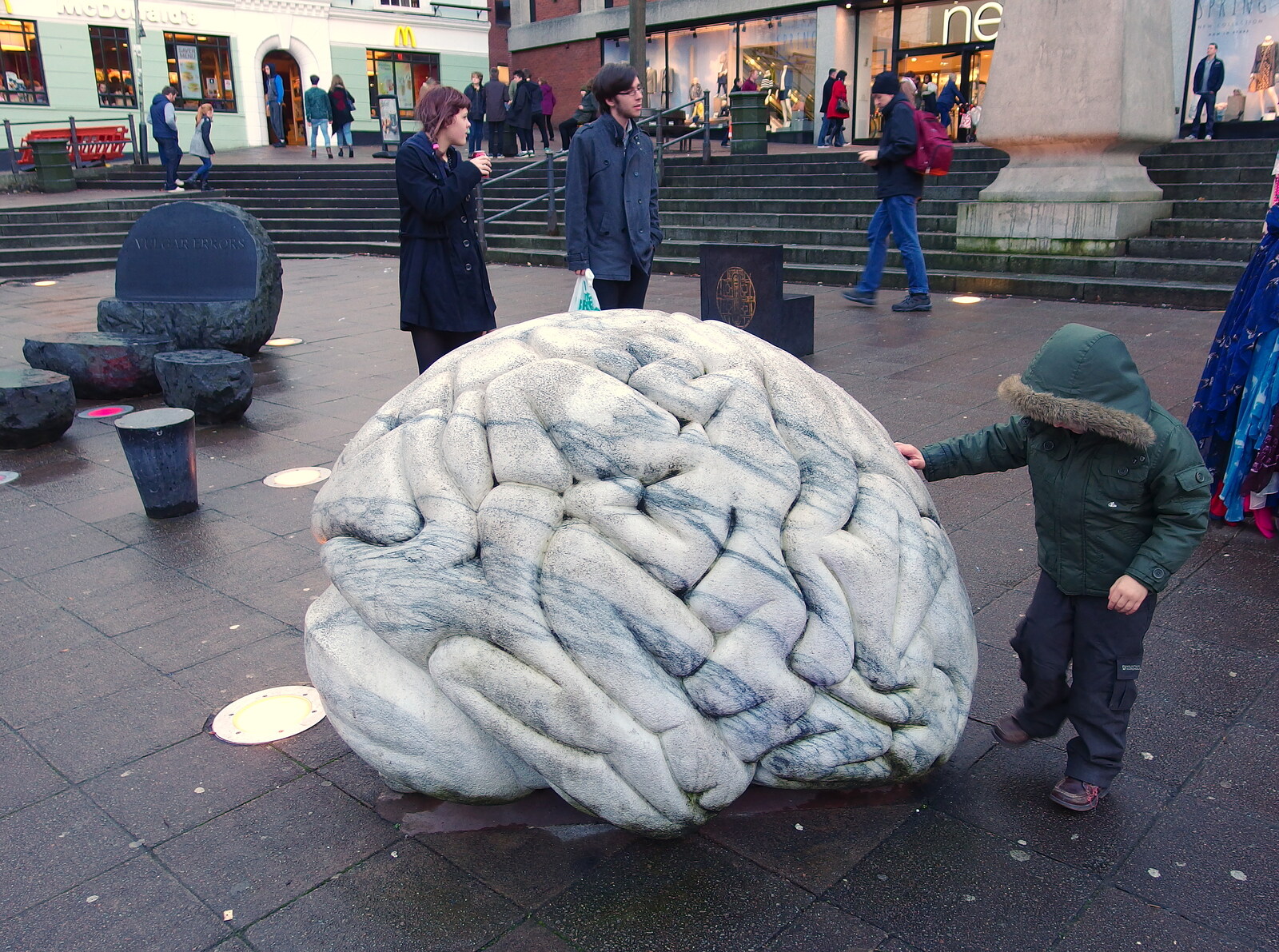 Fred pokes at a giant brain on the Haymarket from A Dragoney Sort of Day, Norwich, Norfolk - 15th February 2014