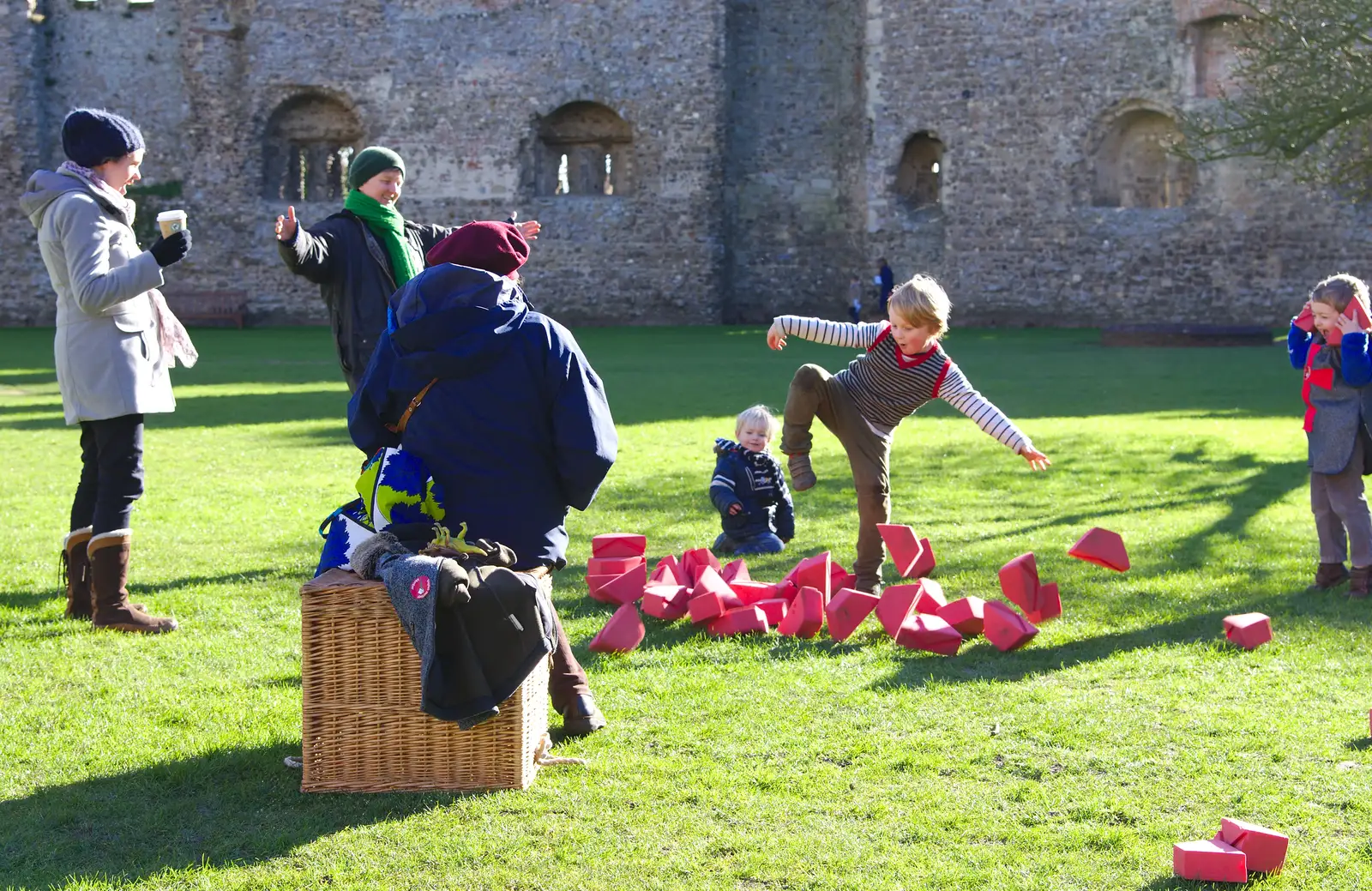 Fred's new chum Eugene knocks over a big stack of blocks, from A Trip to Framlingham Castle, Framlingham, Suffolk - 16th February 2014