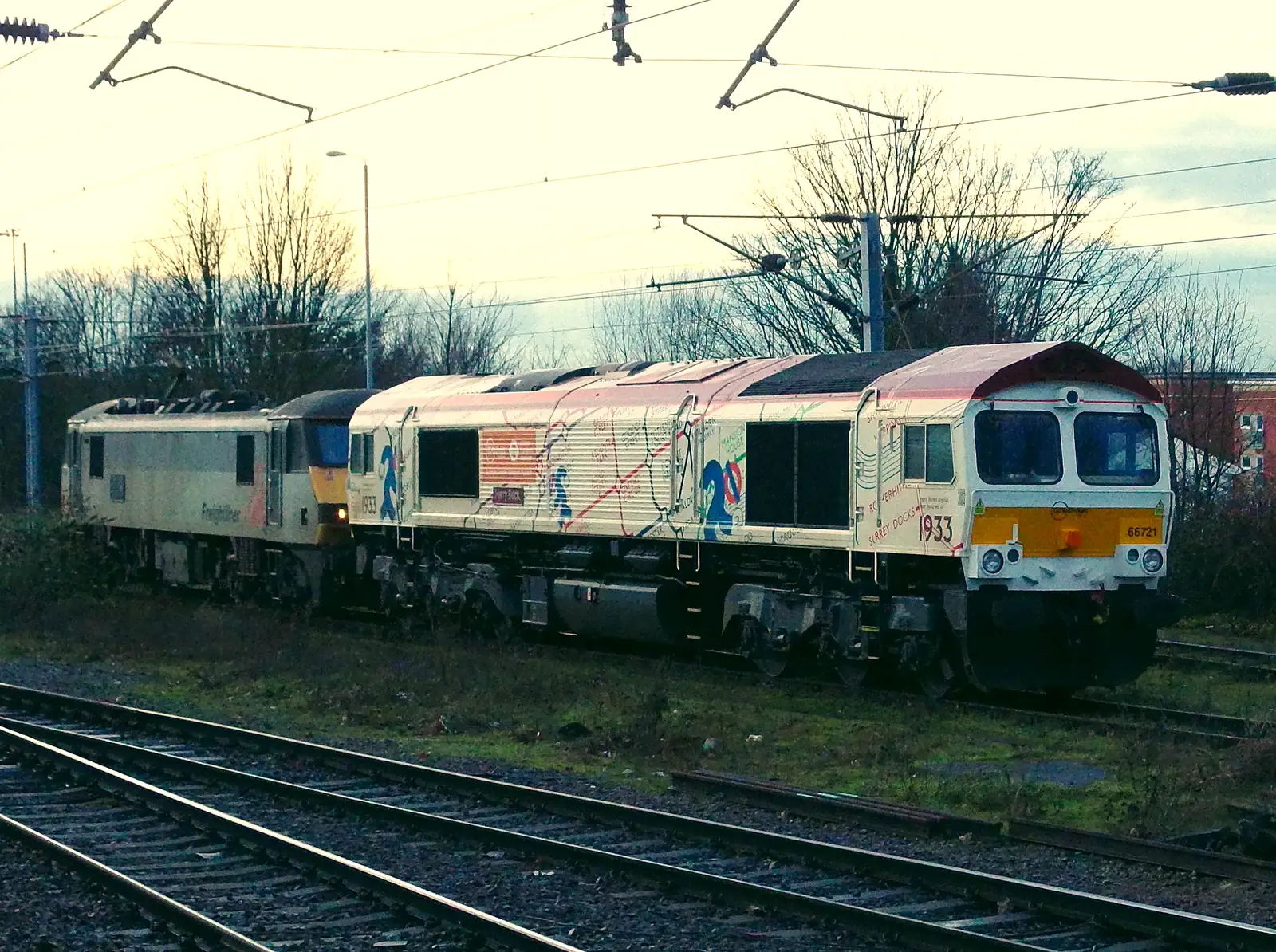 Class 66/7 66721 'Harry Beck' at Ipswich, from SwiftKey Innovation, The Hub, Westminster, London - 21st February 2014