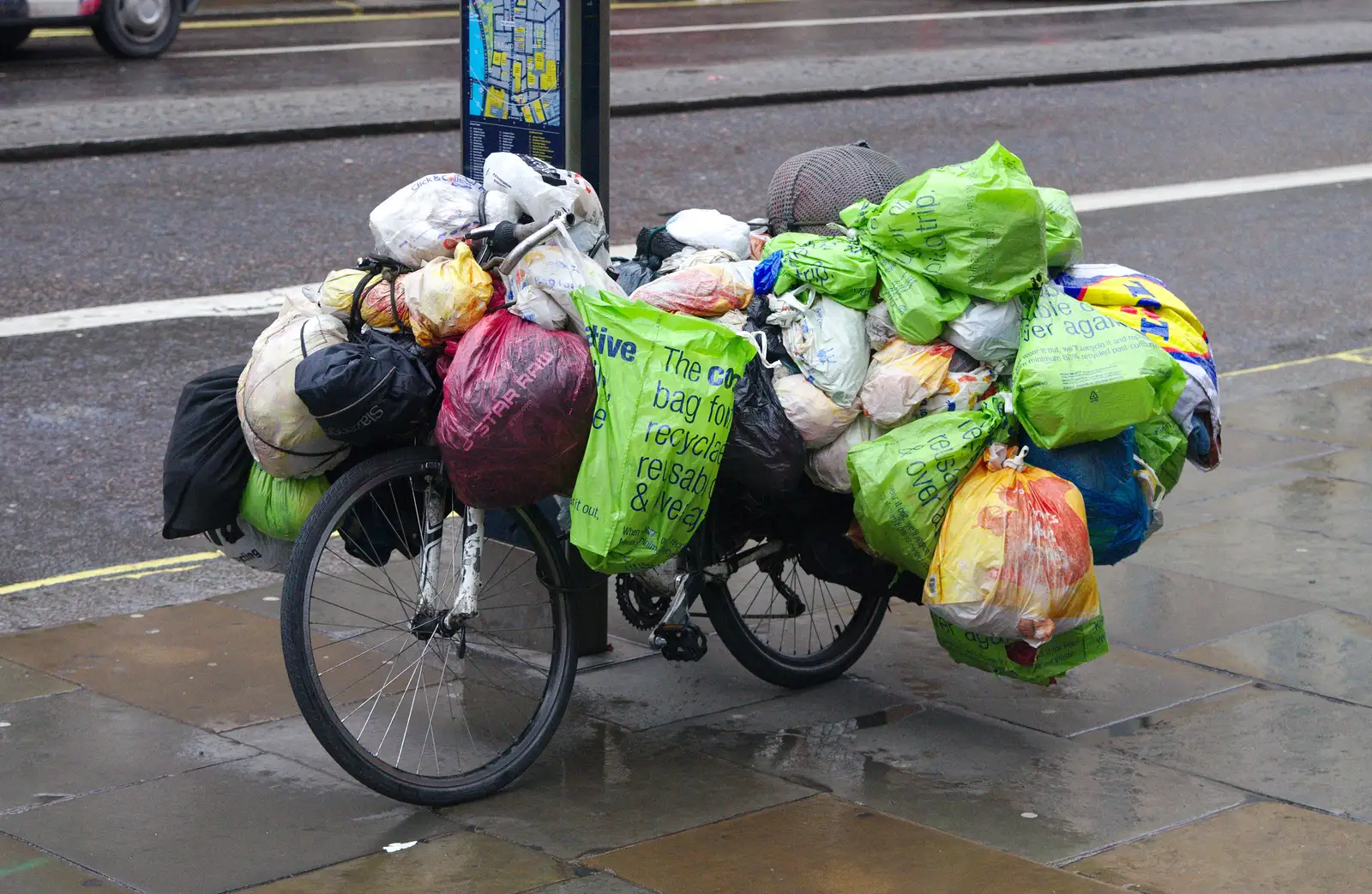 Some dude's entire life is strapped to his bike, from SwiftKey Innovation, The Hub, Westminster, London - 21st February 2014