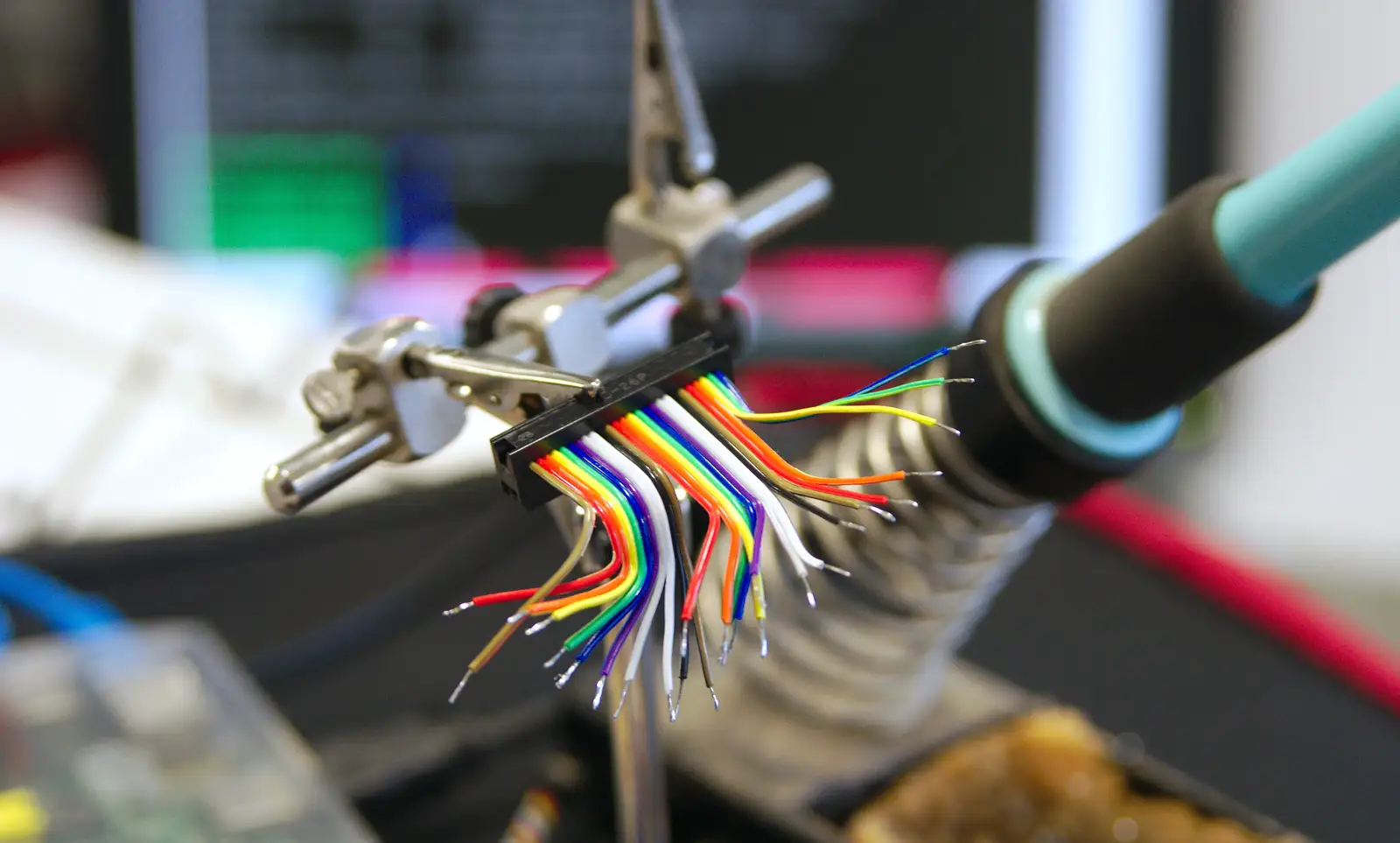 Time for some soldering, on rainbow ribbon cable, from SwiftKey Innovation, The Hub, Westminster, London - 21st February 2014