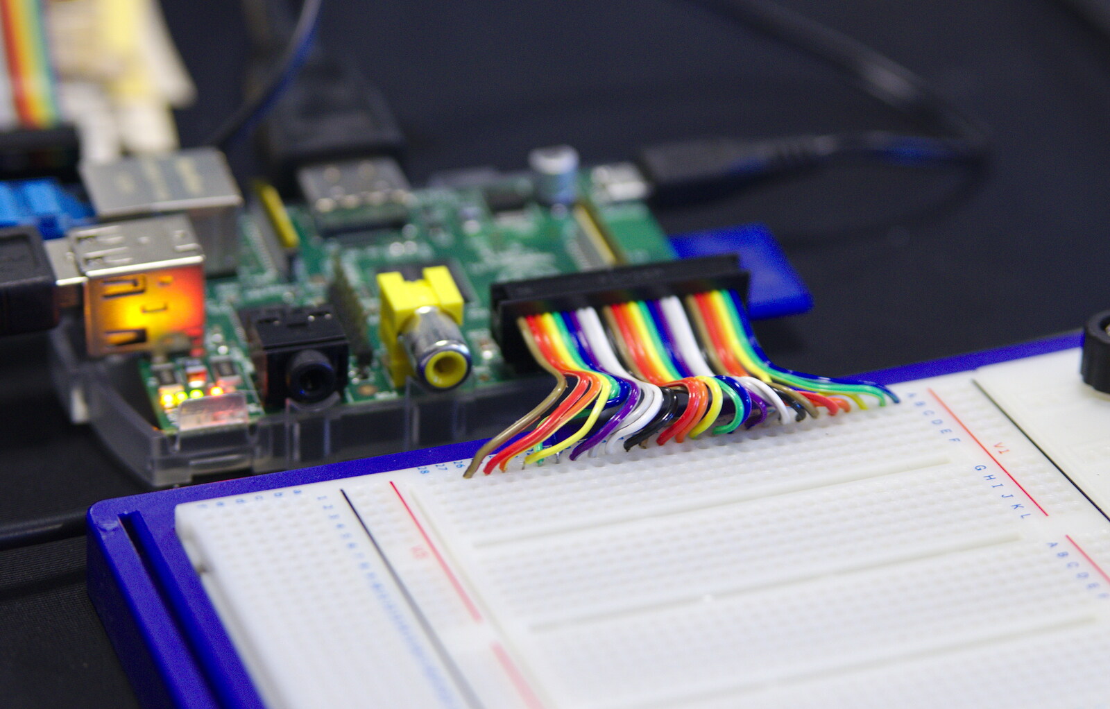 The Raspberry Pi is strapped in to a breadboard from SwiftKey Innovation, The Hub, Westminster, London - 21st February 2014