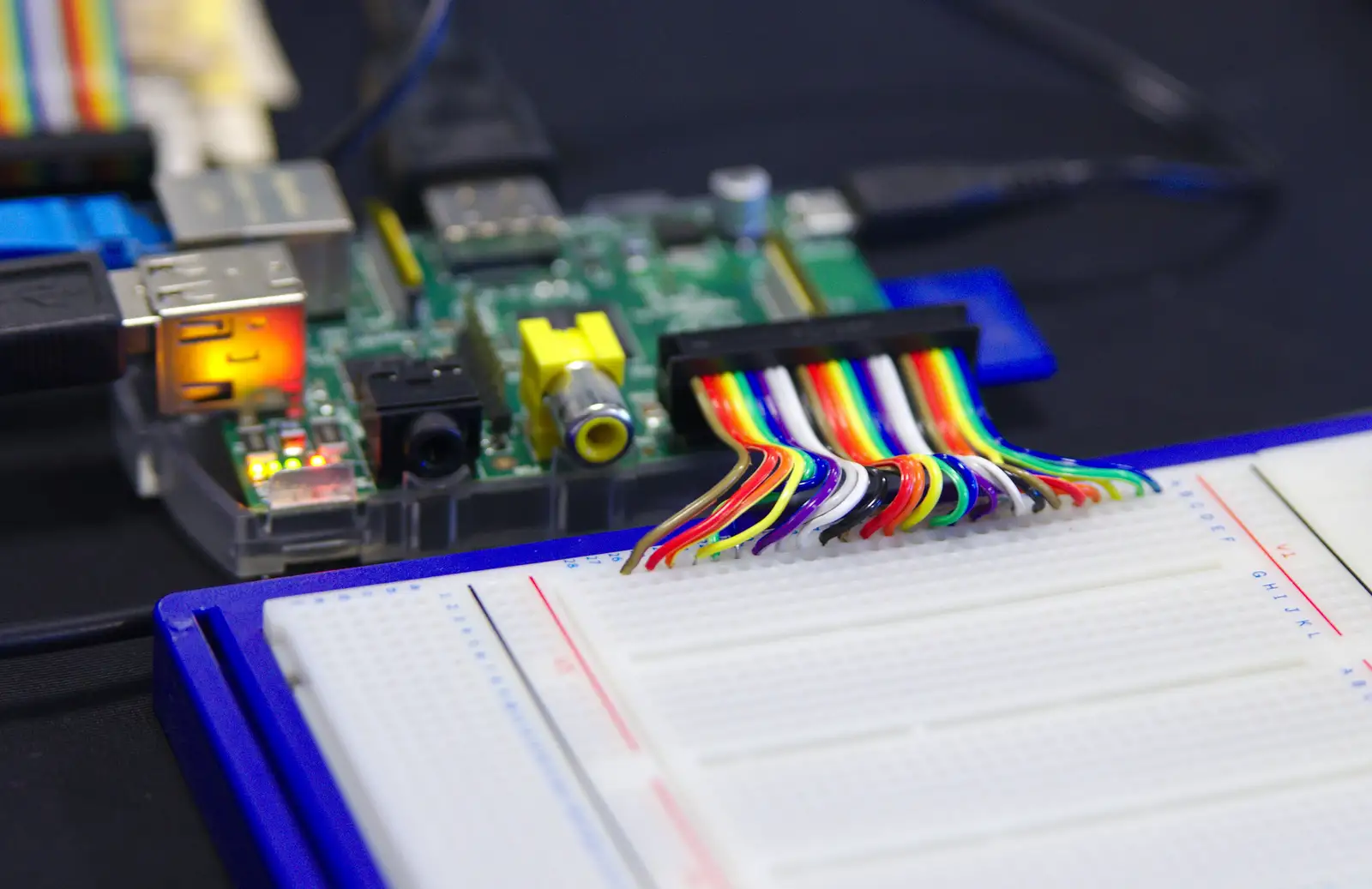 The Raspberry Pi is strapped in to a breadboard, from SwiftKey Innovation, The Hub, Westminster, London - 21st February 2014